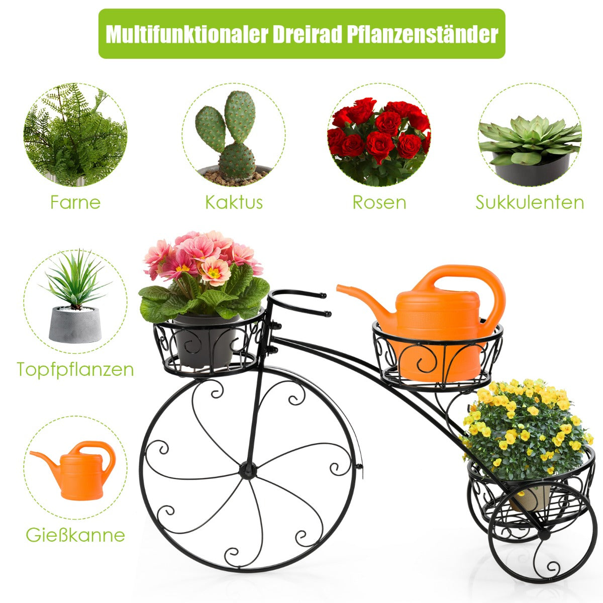 Pflanzenregal, Blumenregal, Dreirad-Pflanzenständer, Fahrrad-Pflanzenhalter im Pariser Stil 80 x 52 cm, Schwarz, Costway, 1