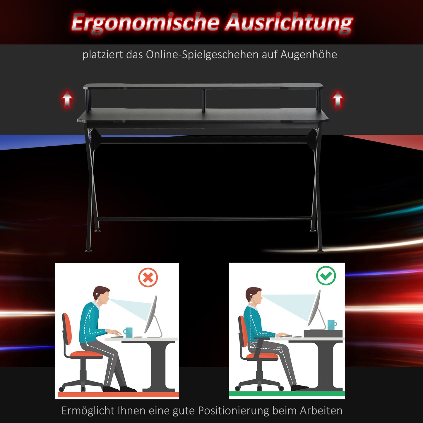 HOMCOM - Gaming-Tisch Schreibtisch Kopfhörerhaken Stahl+MDF Schwarz 120x60x90cm