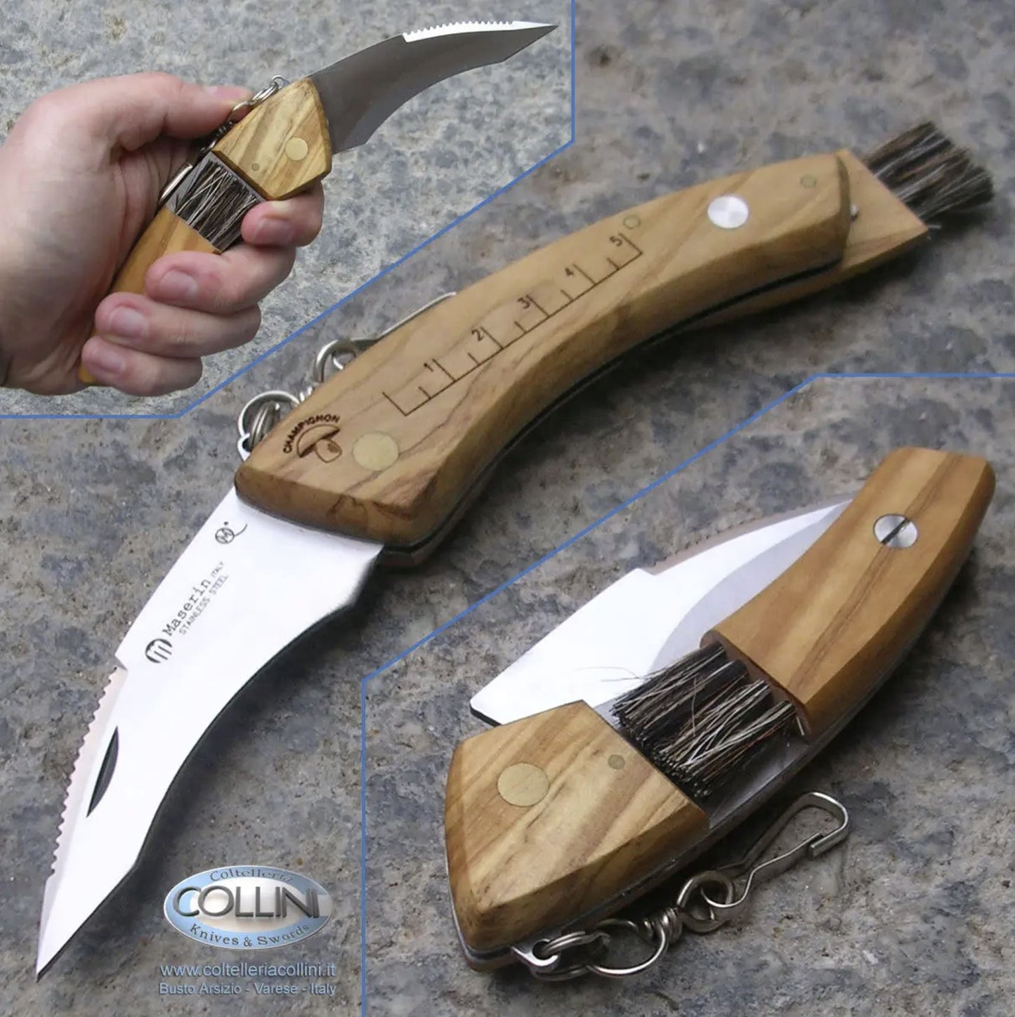 Pilzmesser, Klappmesser, Klappbares Pilzmesser mit Olivenholzgriff, Maserin Pilzmesser, 3