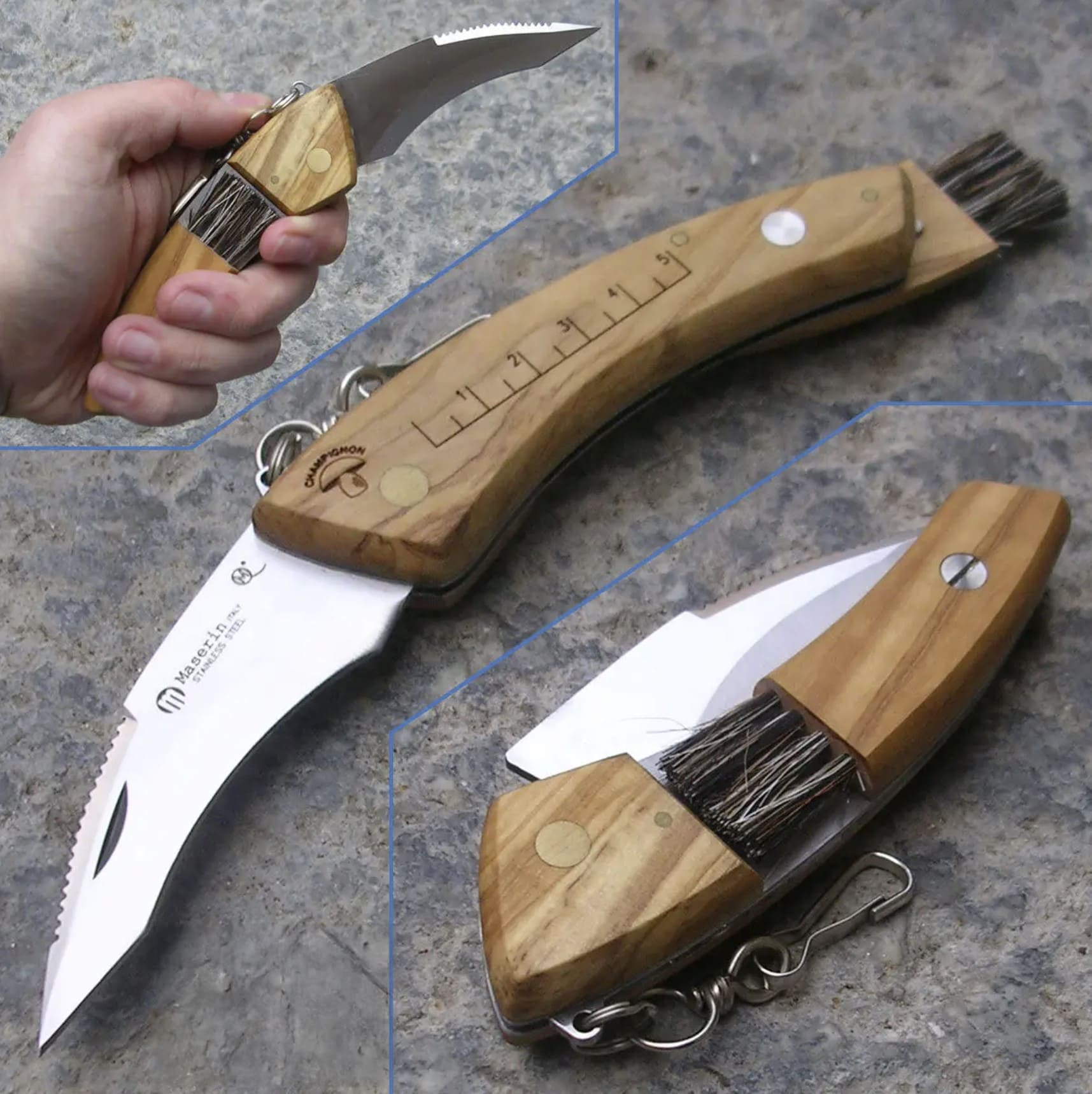Pilzmesser, Klappmesser, Klappbares Pilzmesser mit Olivenholzgriff, Maserin Pilzmesser, 3_1