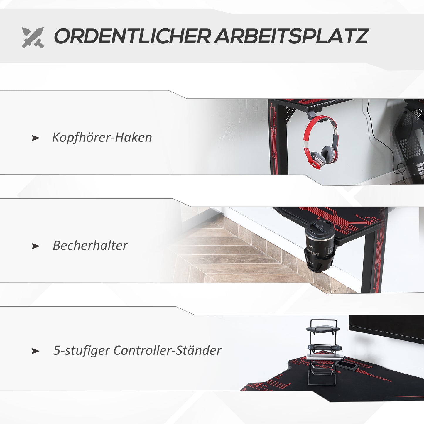 HOMCOM - Gaming Schreibtisch Kopfhörerhaken Getränkehalter Mauspad MDF Metall Schwarz+Rot 140x70x77cm