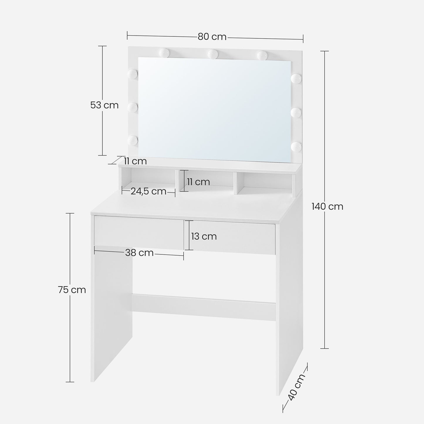 VASAGLE - Frisiertisch, Schminktisch, mit LED-Beleuchtung, Schminktisch spiegel, mit 2 Schubladen 3 offenen Fächern, weiß, 9