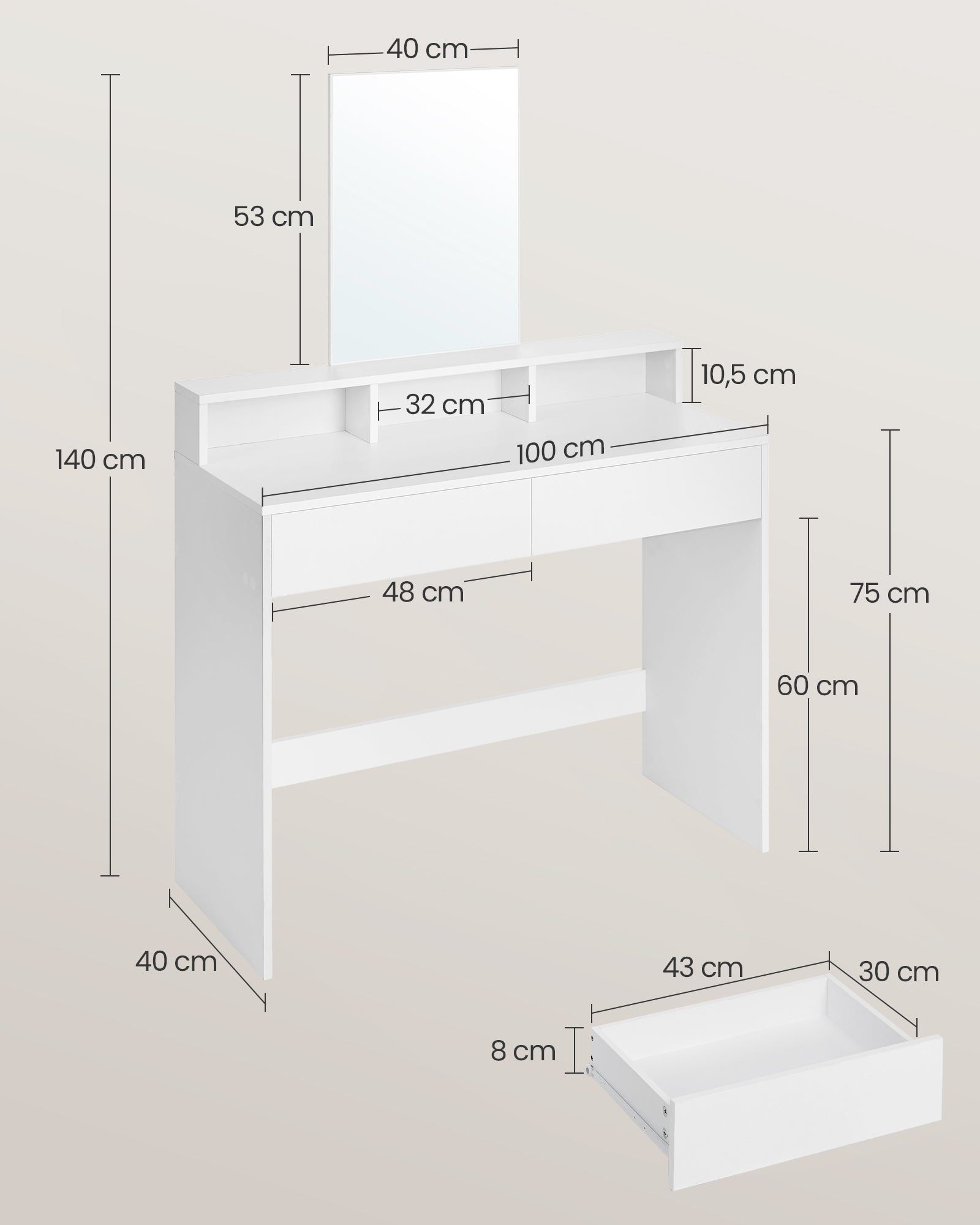 VASAGLE - Schminktisch, Frisiertisch, Schminktisch spiegel große, 2 Schubladen, 3 offene Fächer, Kosmetiktisch, modern, weiß, 7