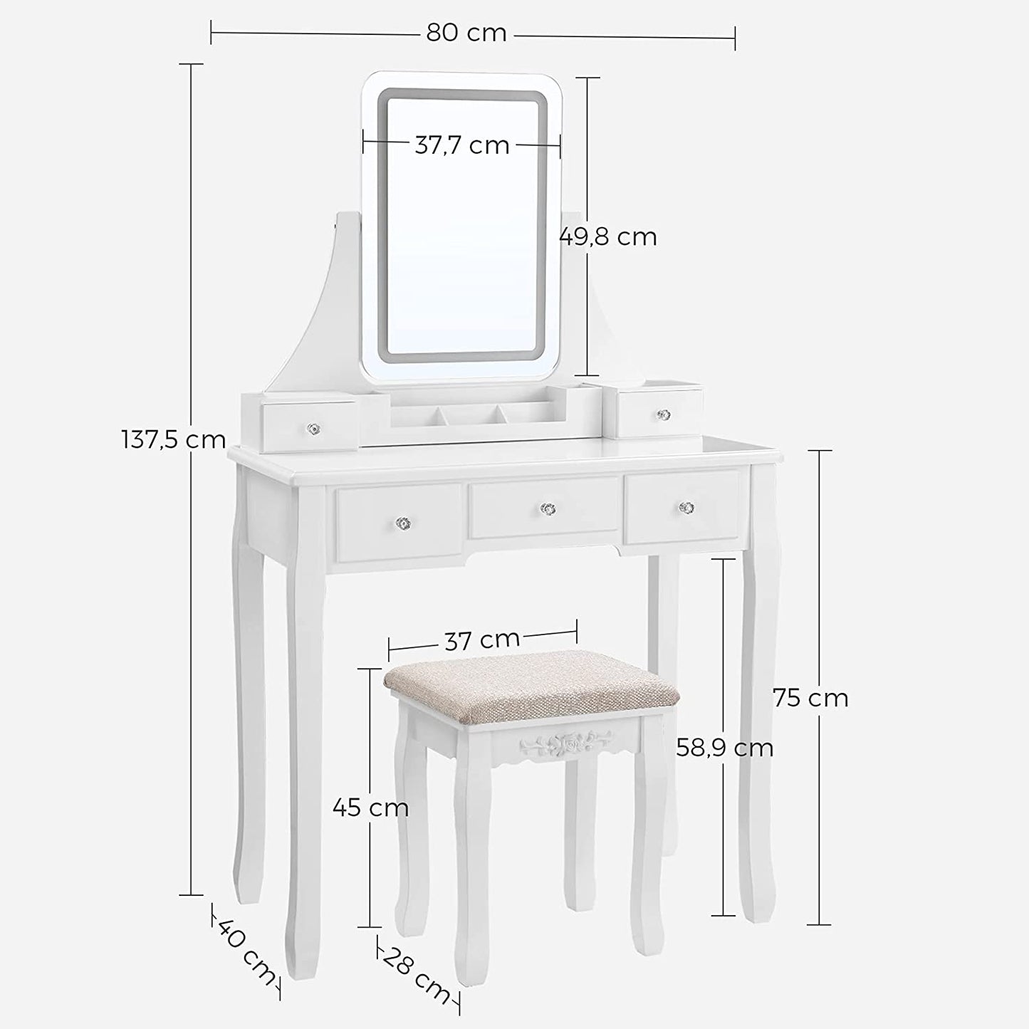 VASAGLE - Schminktisch, Frisiertisch, Schminktisch spiegel, mit LED-Beleuchtung, 360° drehbarem Spiegel, 5 Schubladen, weiß, 5