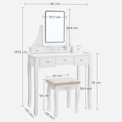 VASAGLE - Schminktisch, Frisiertisch, Schminktisch spiegel, mit LED-Beleuchtung, 360° drehbarem Spiegel, 5 Schubladen, weiß, 5