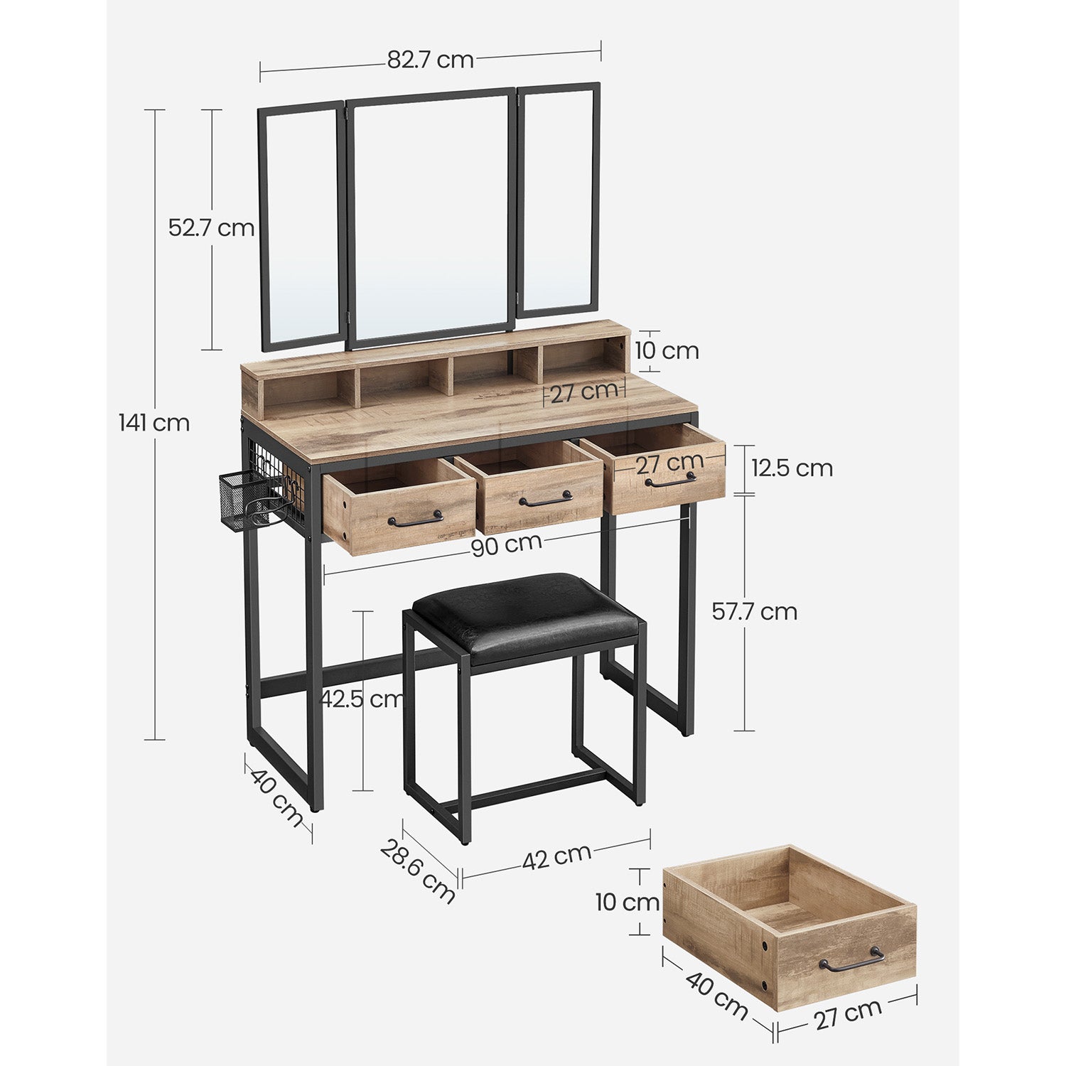 VASAGLE - Schminktisch, mit gepolstertem Hocker, Frisiertisch, Schminktisch Spiegel, 3 Schubladen, braun-schwarz, 7