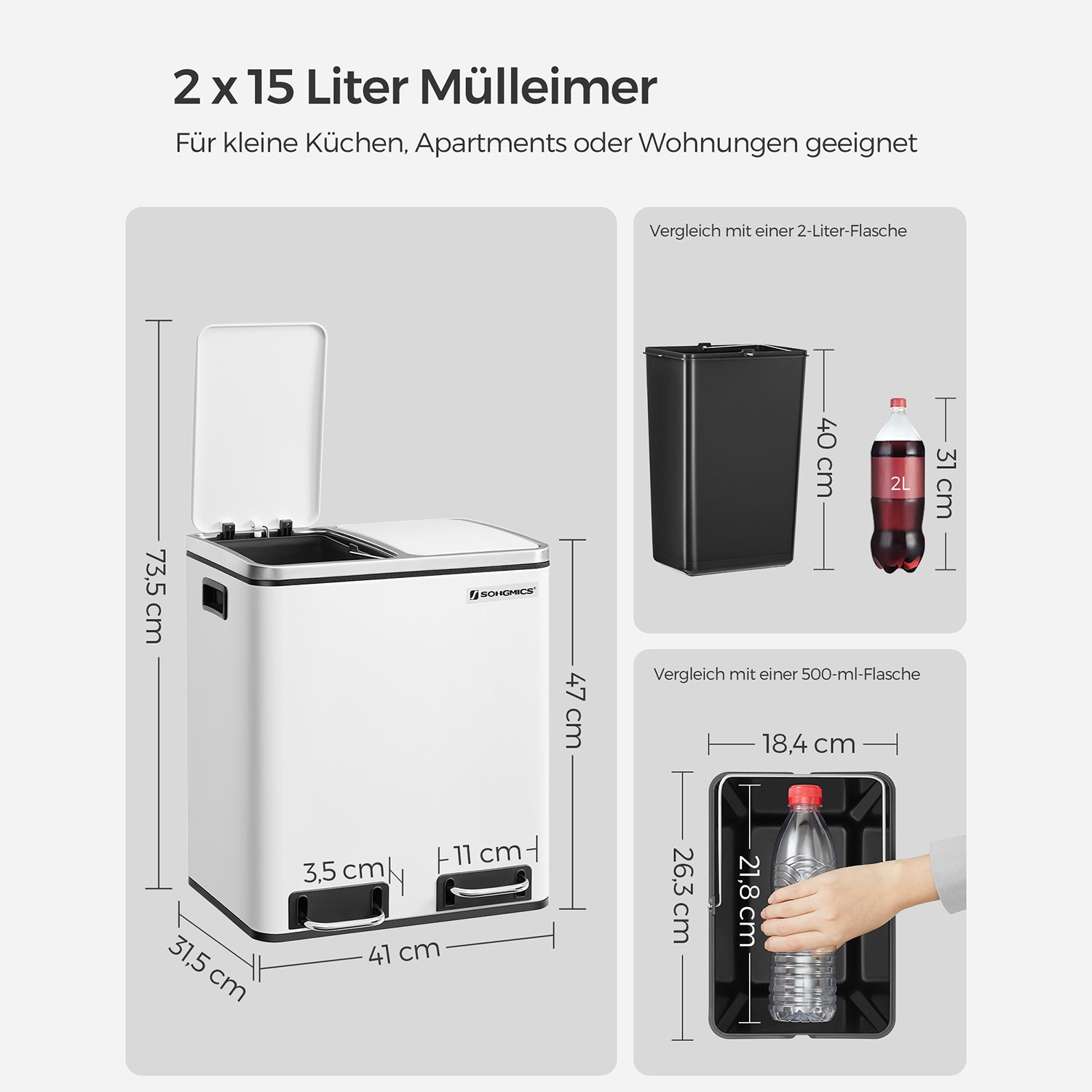 Mülleimer Küche, Mülleimer 2 fächer, 2 x 15 L, Mülltrennsystem, Abfalleimer mit deckel, Treteimer, weiß, SONGMICS, 3