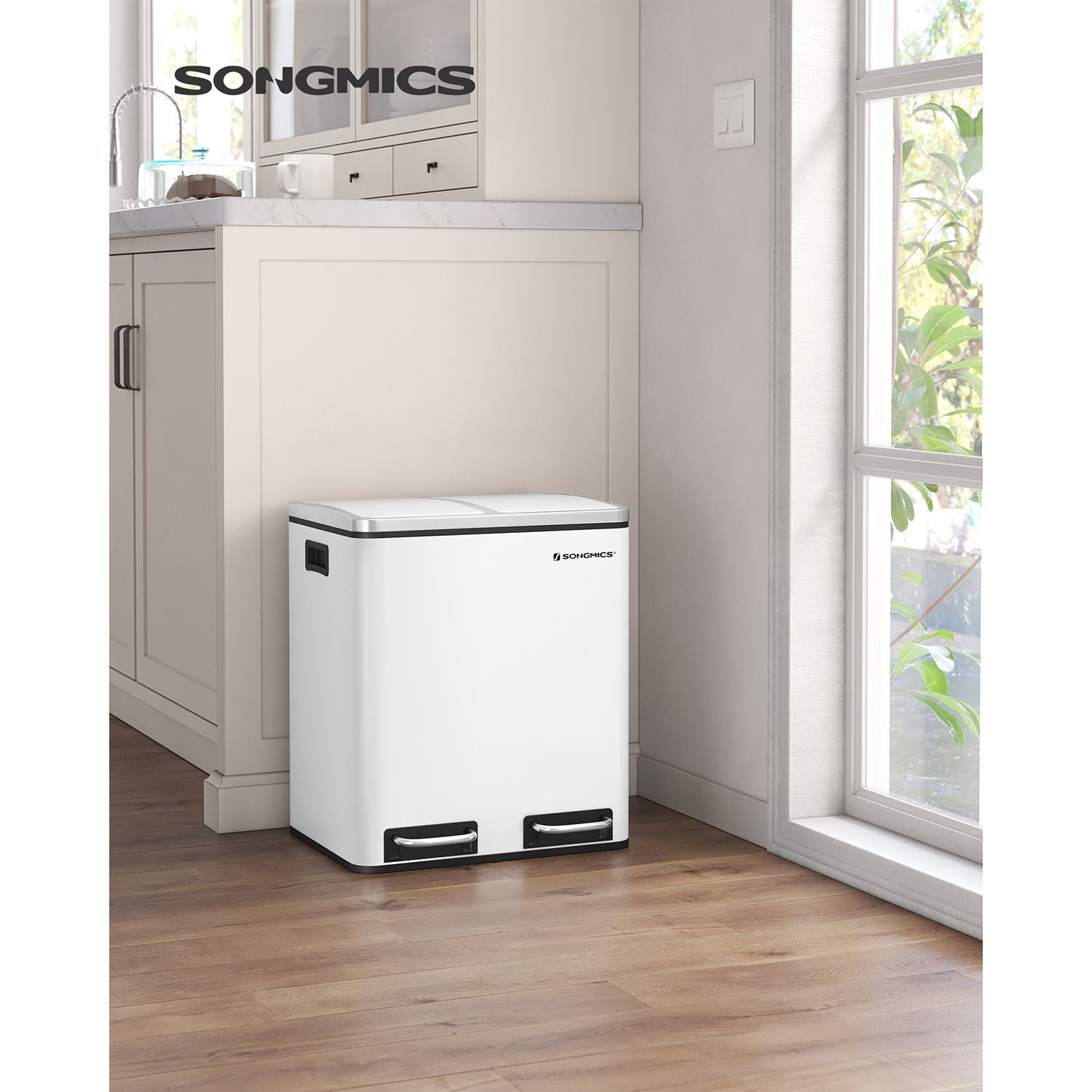 Mülleimer Küche, Mülleimer 2 fächer, 2 x 15 L, Mülltrennsystem, Abfalleimer mit deckel, Treteimer, weiß, SONGMICS, 4