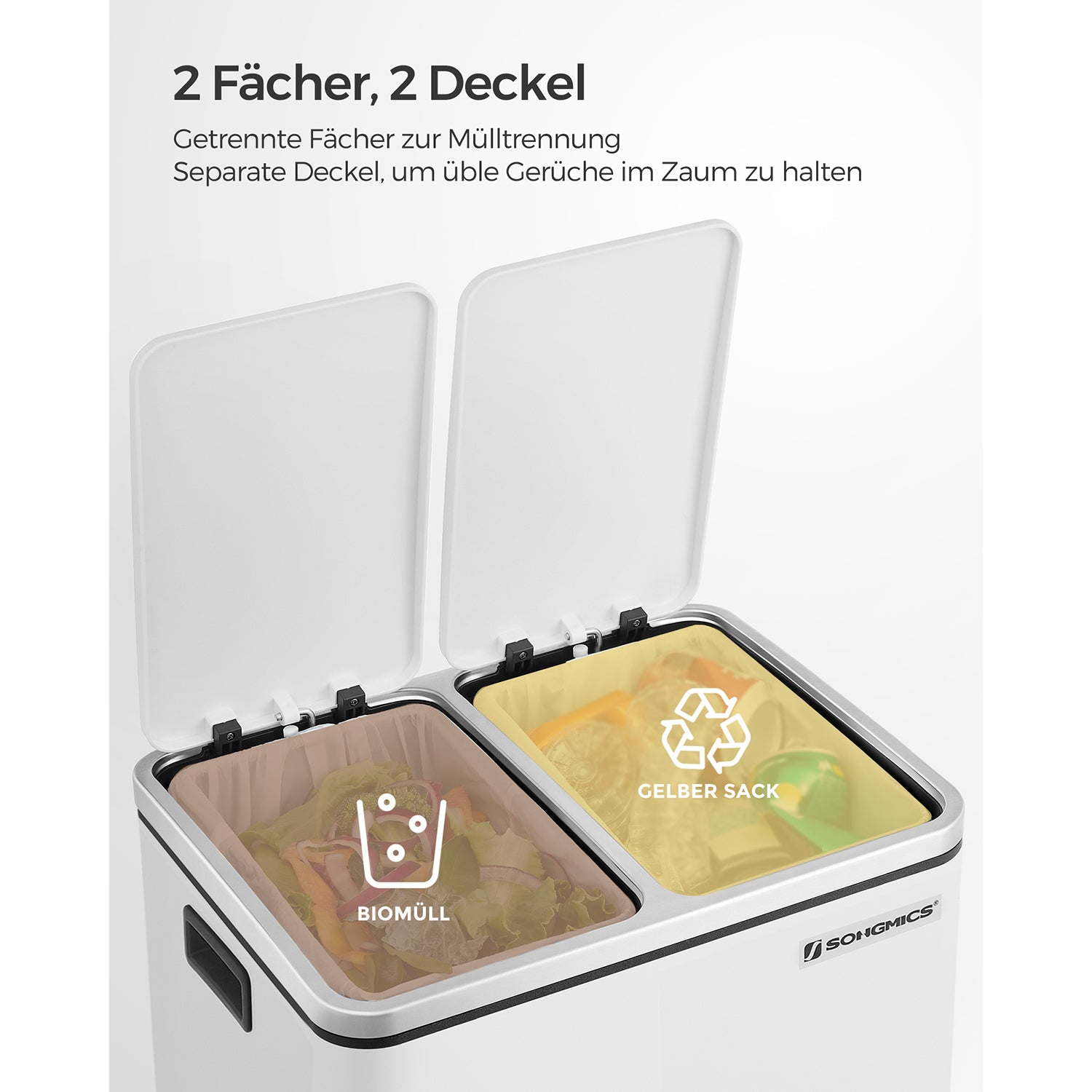 Mülleimer Küche, Mülleimer 2 fächer, 2 x 15 L, Mülltrennsystem, Abfalleimer mit deckel, Treteimer, weiß, SONGMICS, 1