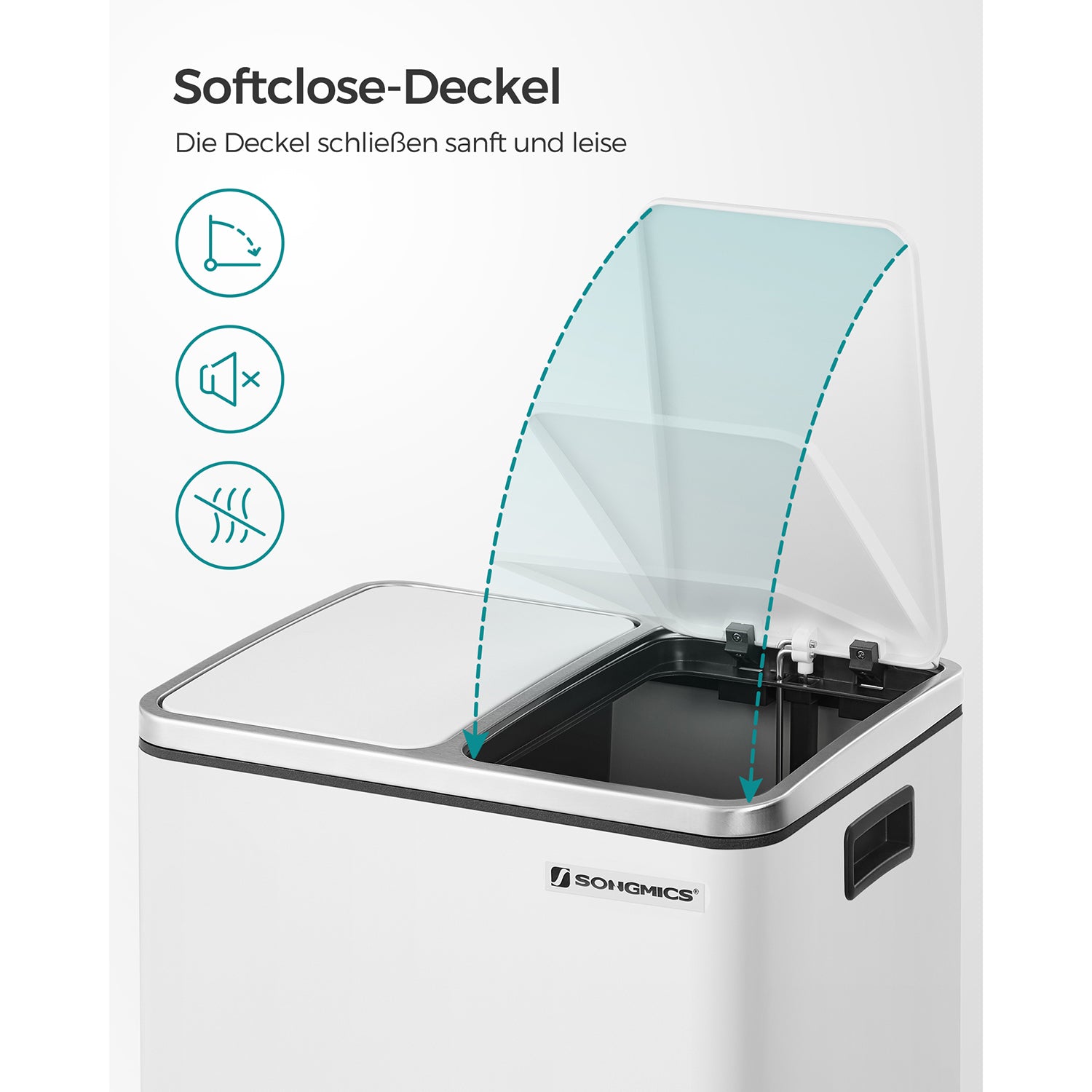 Mülleimer Küche, Mülleimer 2 fächer, 2 x 15 L, Mülltrennsystem, Abfalleimer mit deckel, Treteimer, weiß, SONGMICS, 2