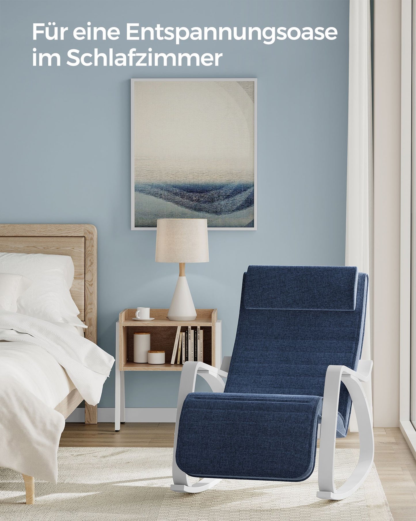Schaukelstuhl, Schaukelsessel, Schaukelstuhl Stillen, 5-Fach verstellbare Fußstütze, mit Armlehnen Mitternachtsblau-weiß, SONGMICS, 3