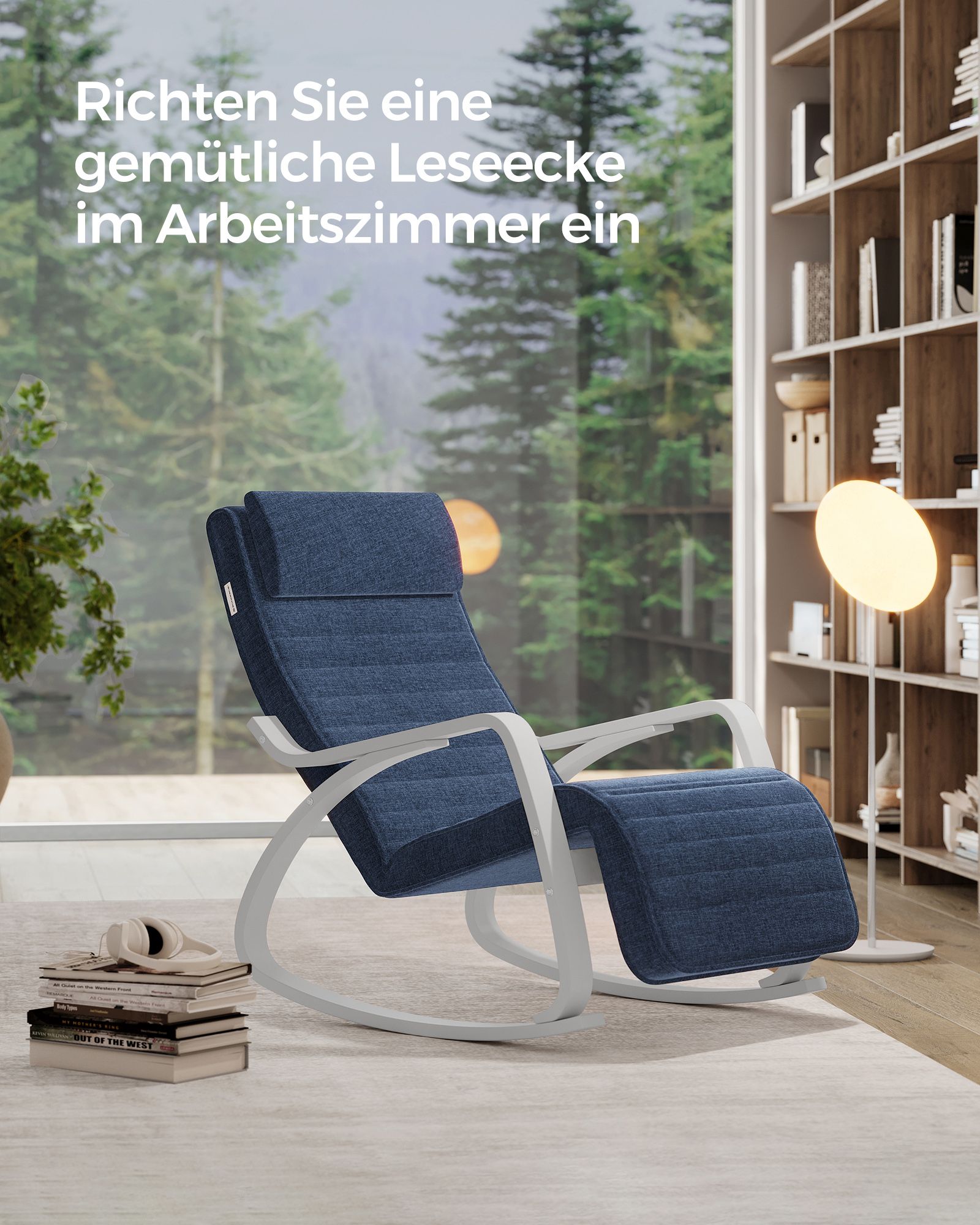 Schaukelstuhl, Schaukelsessel, Schaukelstuhl Stillen, 5-Fach verstellbare Fußstütze, mit Armlehnen Mitternachtsblau-weiß, SONGMICS, 4