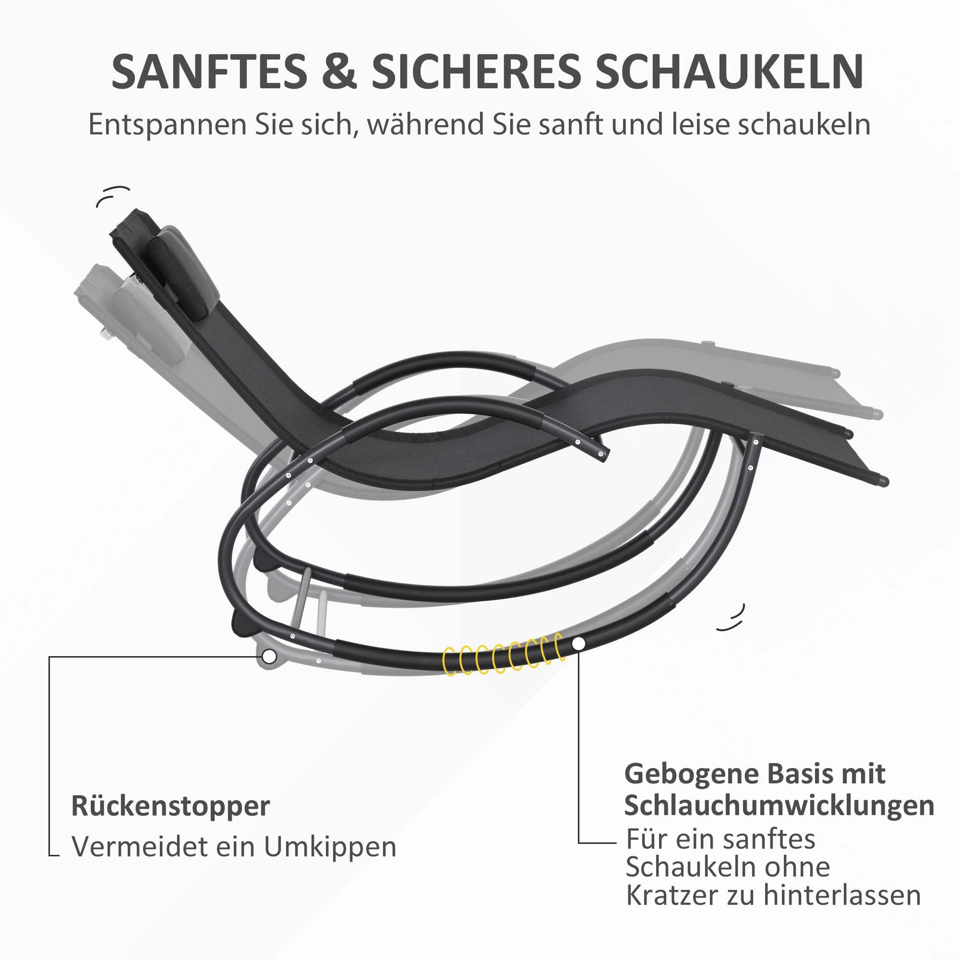 Schaukelliege, Schaukelstuhl mit Kopfkissen, Gartenliege, Schwungliege, Texteline, Schwarz, 155 x 61 x 88 cm, Outsunny, 3