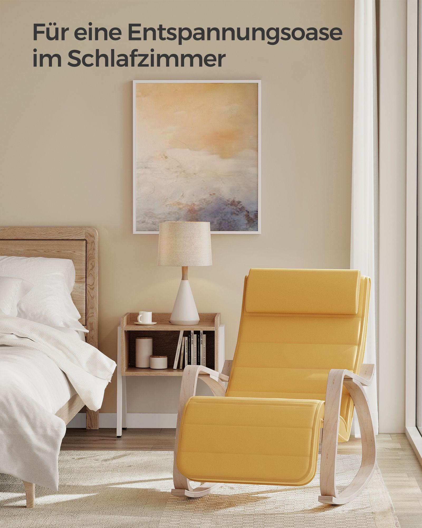 Schaukelstuhl, Schaukelsessel, Schaukelstuhl Stillen, 5-Fach verstellbare Fußstütze, mit Armlehnen Pastellgelb-naturfarben, SONGMICS, 5