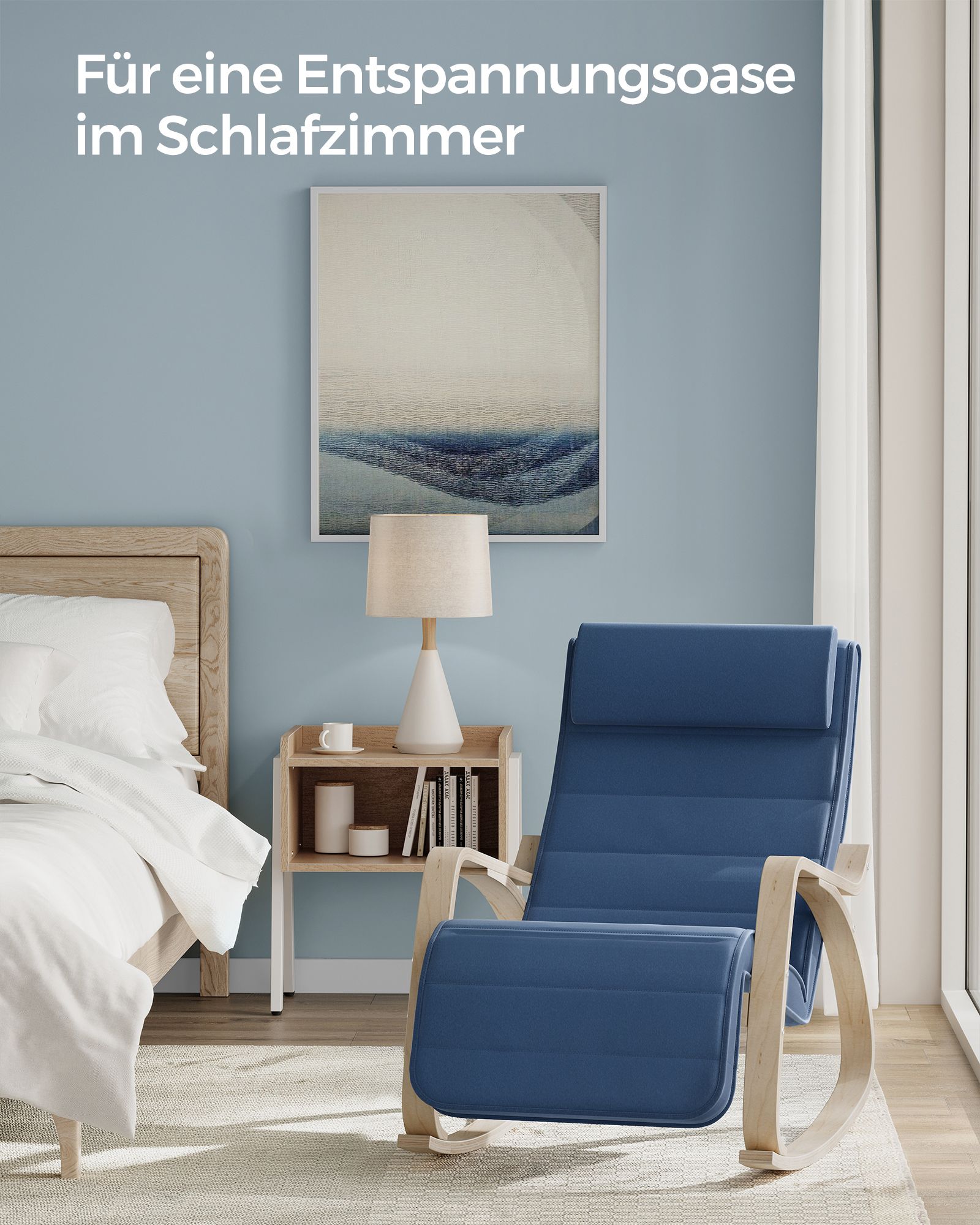 Schaukelstuhl, Schaukelsessel, Schaukelstuhl Stillen, 5-Fach verstellbare Fußstütze, mit Armlehnen, mitternachtsblau-natur, SONGMICS, 4