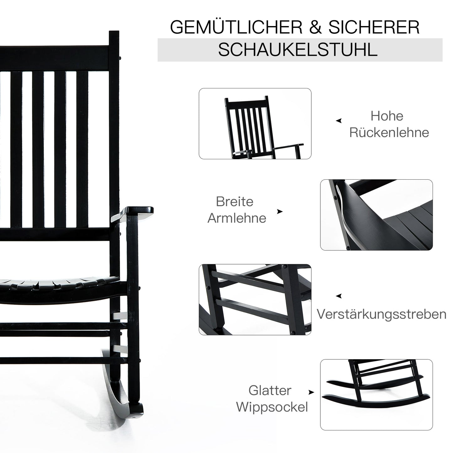 Schaukelstuhl, Schaukelstuhl Holz, Schwingsessel Armlehne Relaxstuhl Gartenstuhl, 69x86x115cm, Schwarz, Outsunny, 3