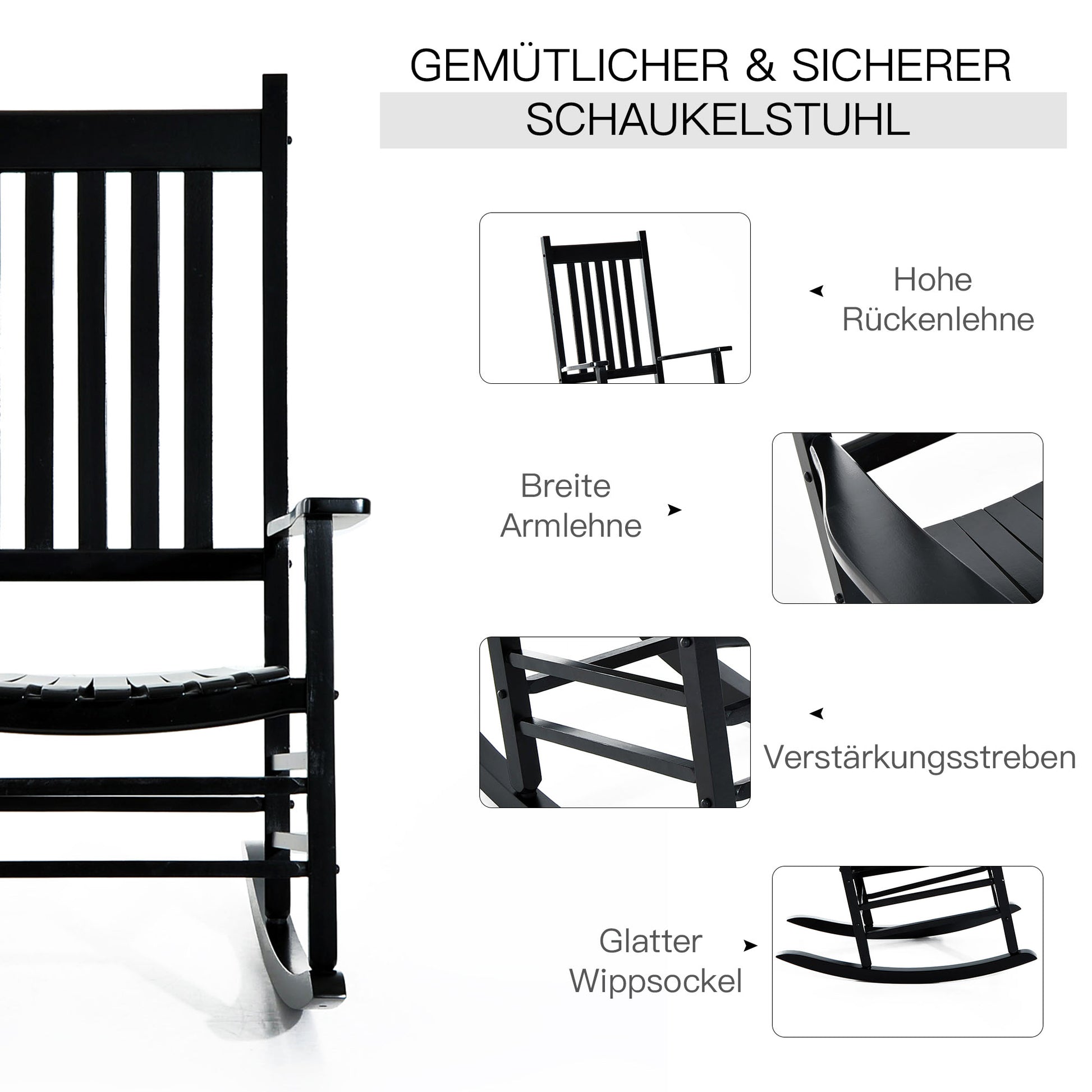Schaukelstuhl, Schaukelstuhl Holz, Schwingsessel Armlehne Relaxstuhl Gartenstuhl, 69x86x115cm, Schwarz, Outsunny, 3
