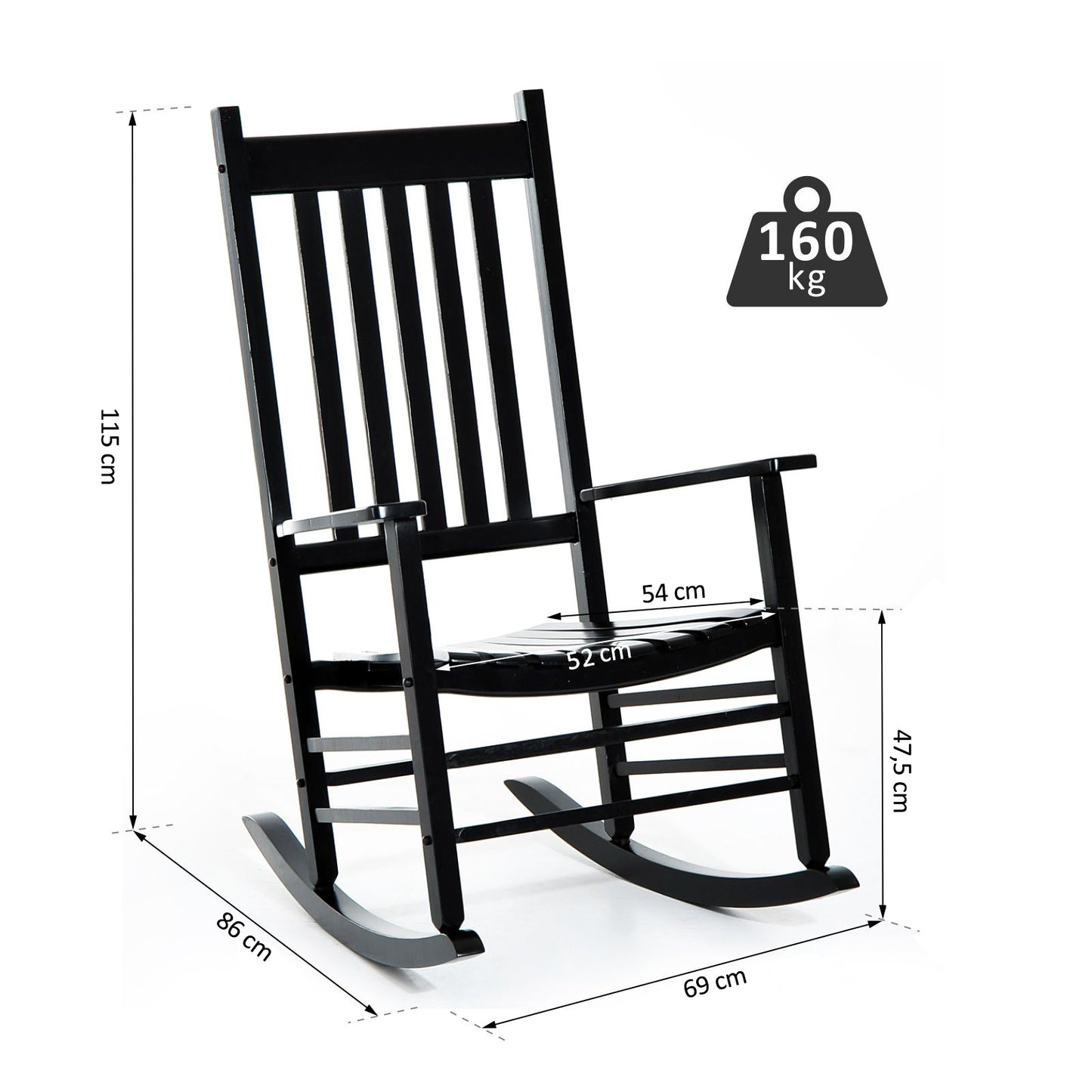 Schaukelstuhl, Schaukelstuhl Holz, Schwingsessel Armlehne Relaxstuhl Gartenstuhl, 69x86x115cm, Schwarz, Outsunny, 8