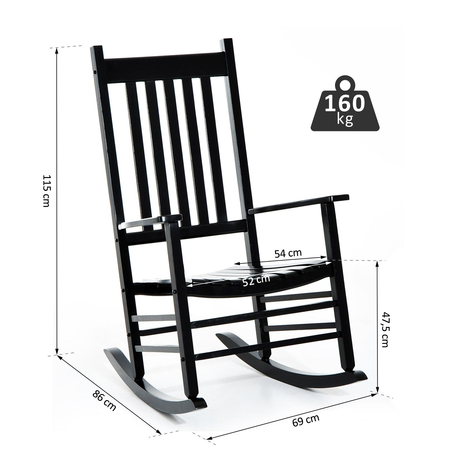 Schaukelstuhl, Schaukelstuhl Holz, Schwingsessel Armlehne Relaxstuhl Gartenstuhl, 69x86x115cm, Schwarz, Outsunny, 8