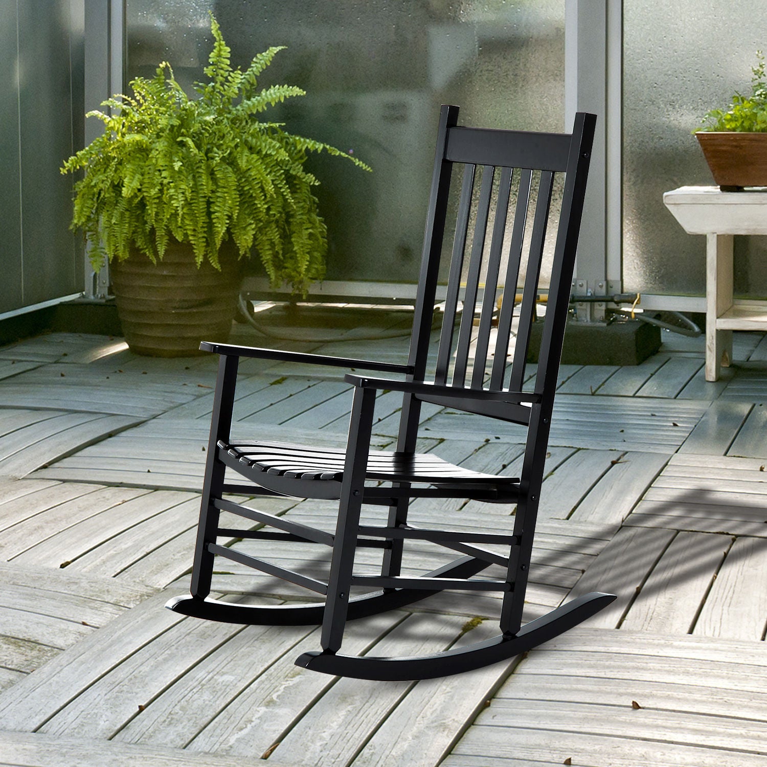Schaukelstuhl, Schaukelstuhl Holz, Schwingsessel Armlehne Relaxstuhl Gartenstuhl, 69x86x115cm, Schwarz, Outsunny, 9