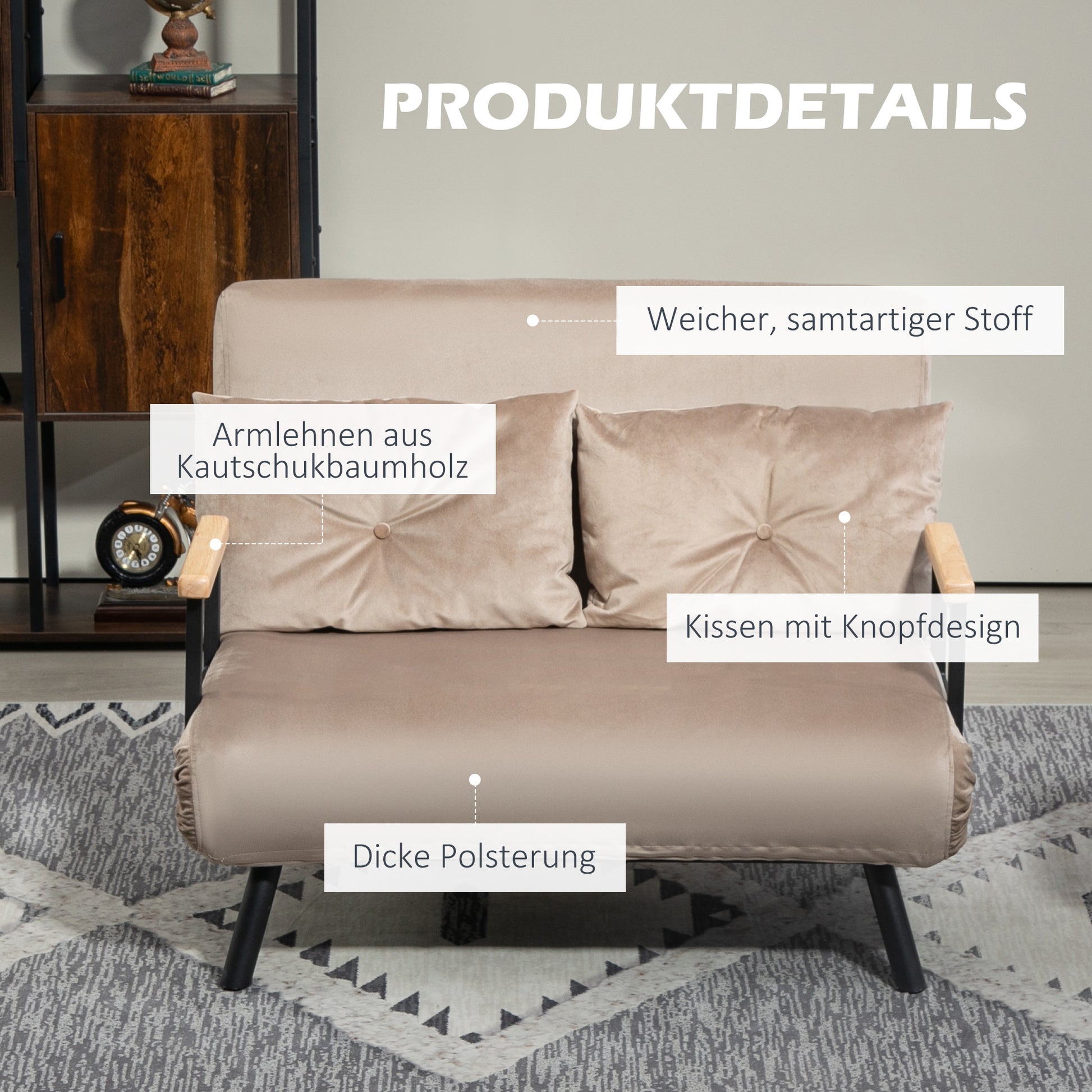 Schlafsofa, Schlafcouch, 2er Sofa mit Schlaffunktion, 102x73x81cm, mit fünffach verstellbarer Rückenlehne, Samt, HOMCOM, 6