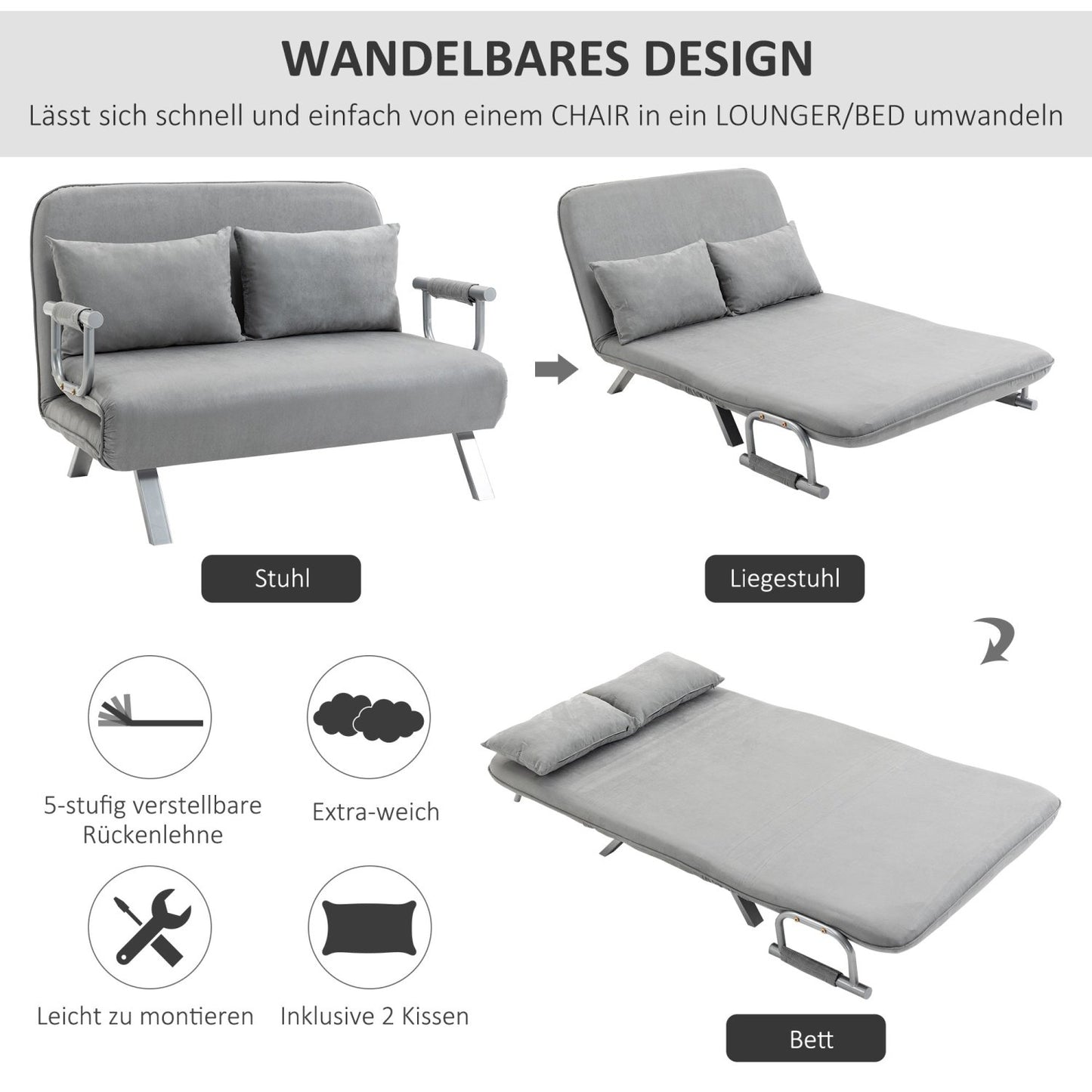 Schlafsofa, Schlafcouch, Couch mit Schlaffunktion, Sofa Bed, Zweisitzer Bettfunktion & Kissen, Verstellbares Sofa, HOMCOM, 3