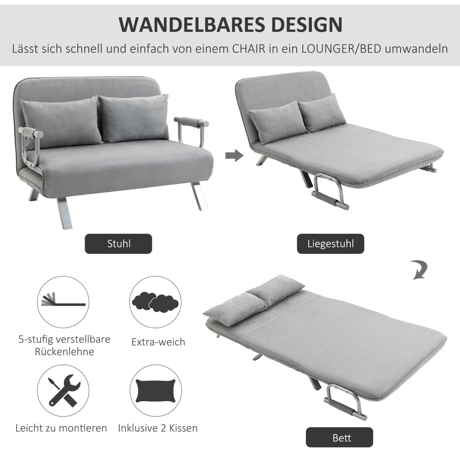 Schlafsofa, Schlafcouch, Couch mit Schlaffunktion, Sofa Bed, Zweisitzer Bettfunktion & Kissen, Verstellbares Sofa, HOMCOM, 3