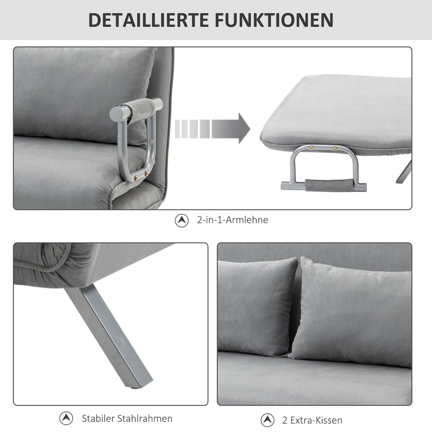 Schlafsofa, Schlafcouch, Couch mit Schlaffunktion, Sofa Bed, Zweisitzer Bettfunktion & Kissen, Verstellbares Sofa, HOMCOM, 4