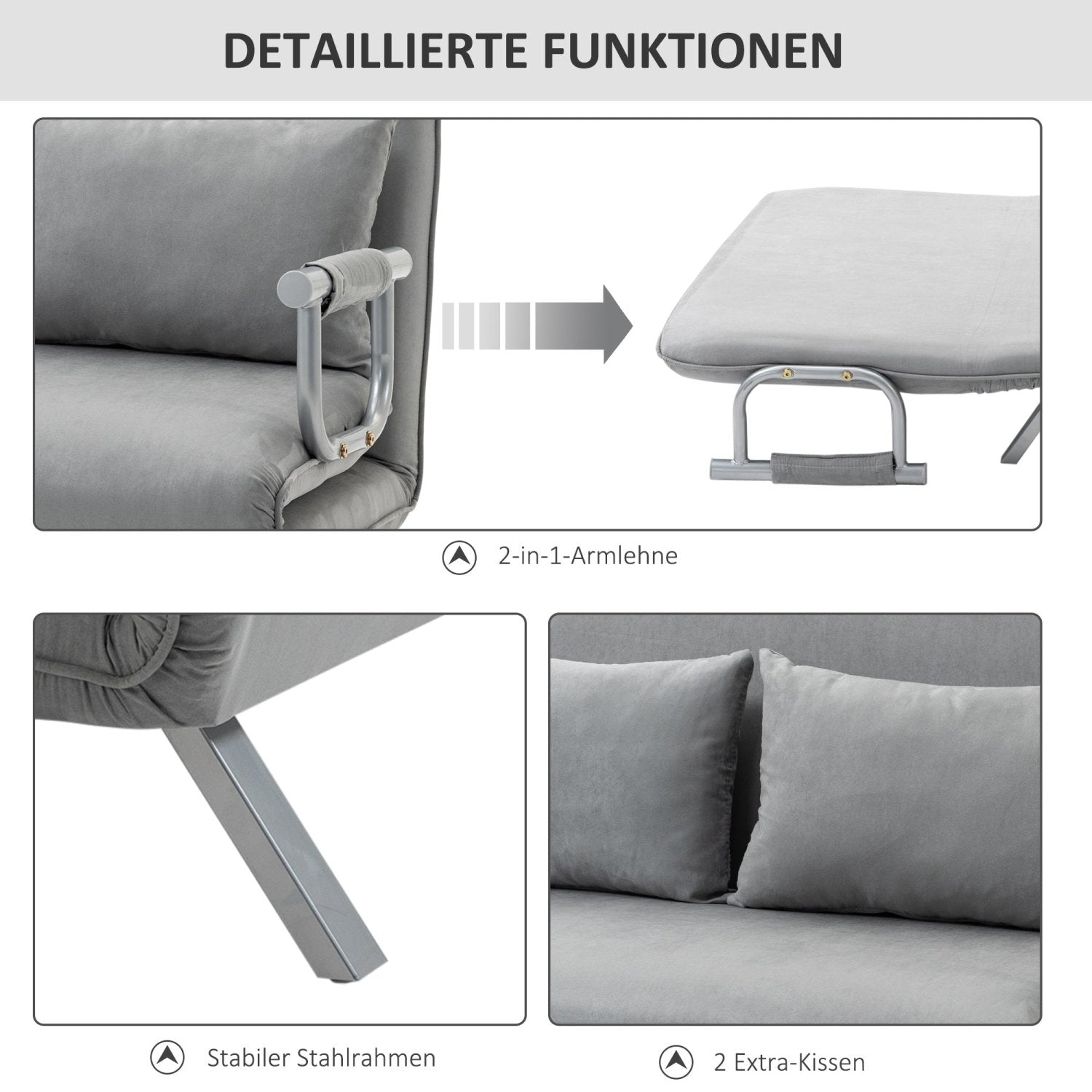 Schlafsofa, Schlafcouch, Couch mit Schlaffunktion, Sofa Bed, Zweisitzer Bettfunktion & Kissen, Verstellbares Sofa, HOMCOM, 4