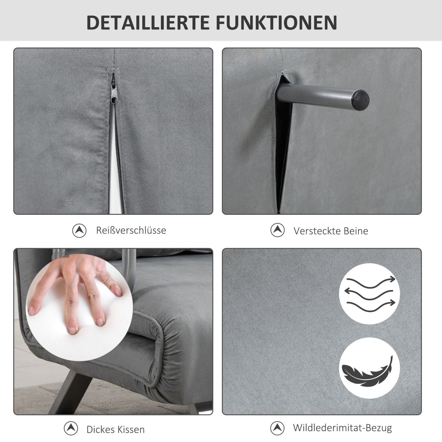 Schlafsofa, Schlafcouch, Couch mit Schlaffunktion, Sofa Bed, Zweisitzer Bettfunktion & Kissen, Verstellbares Sofa, HOMCOM, 5