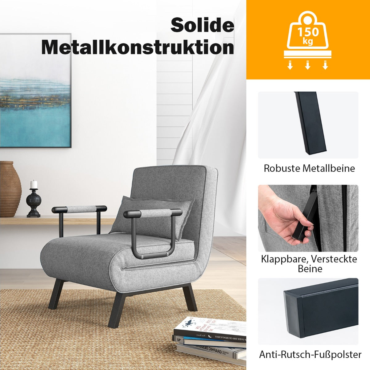 Schlafsofa, Sessel mit Schlaffunktion, Bettsessel, Cabrio-Schlafsofa, Klappsessel, Schlafcouch Sofabett, Costway, 5
