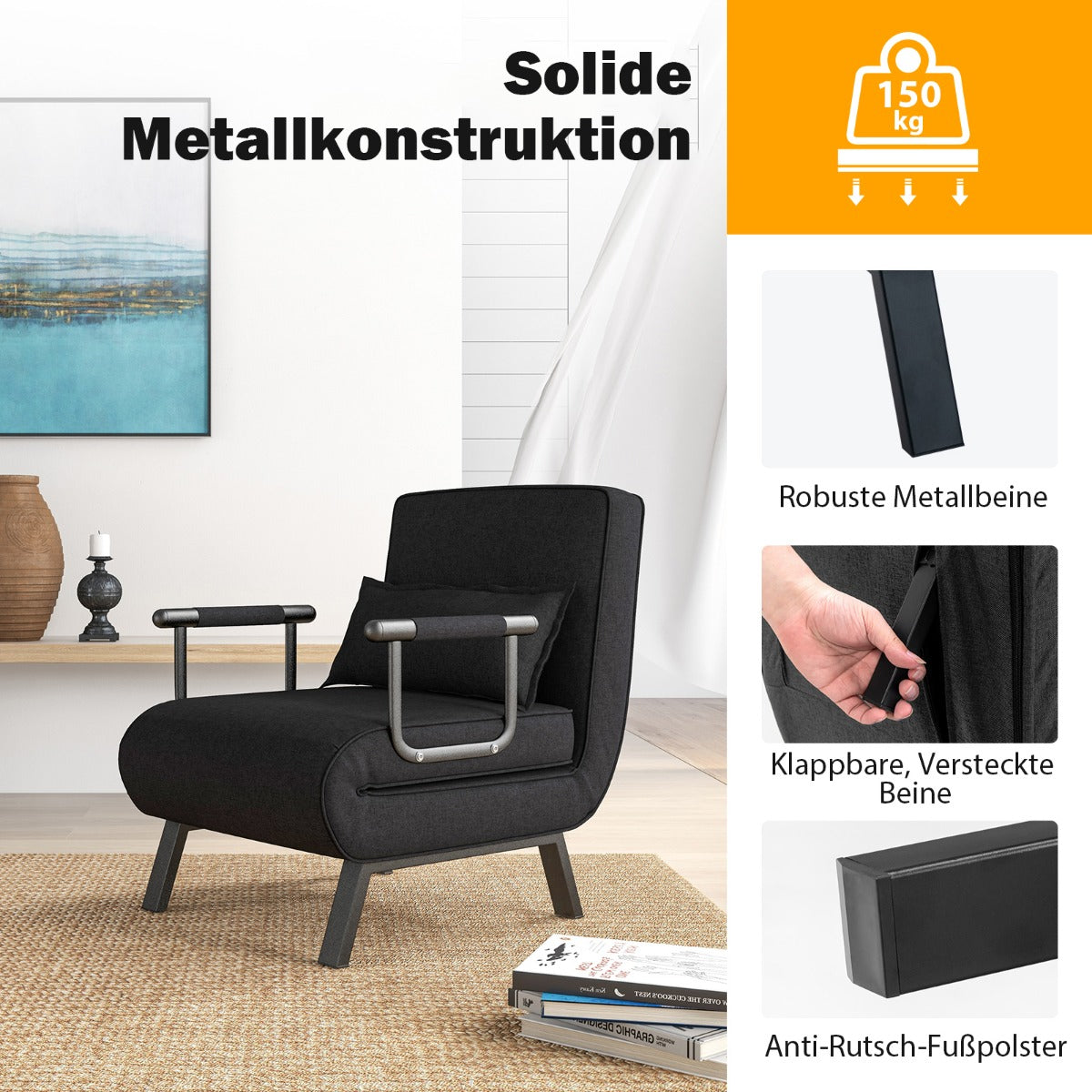 Schlafsofa, Sessel mit Schlaffunktion, Schlafsessel mit Bettfunktion, Klappsofa, mit verstellbarer Rückenlehne, Costway, 5