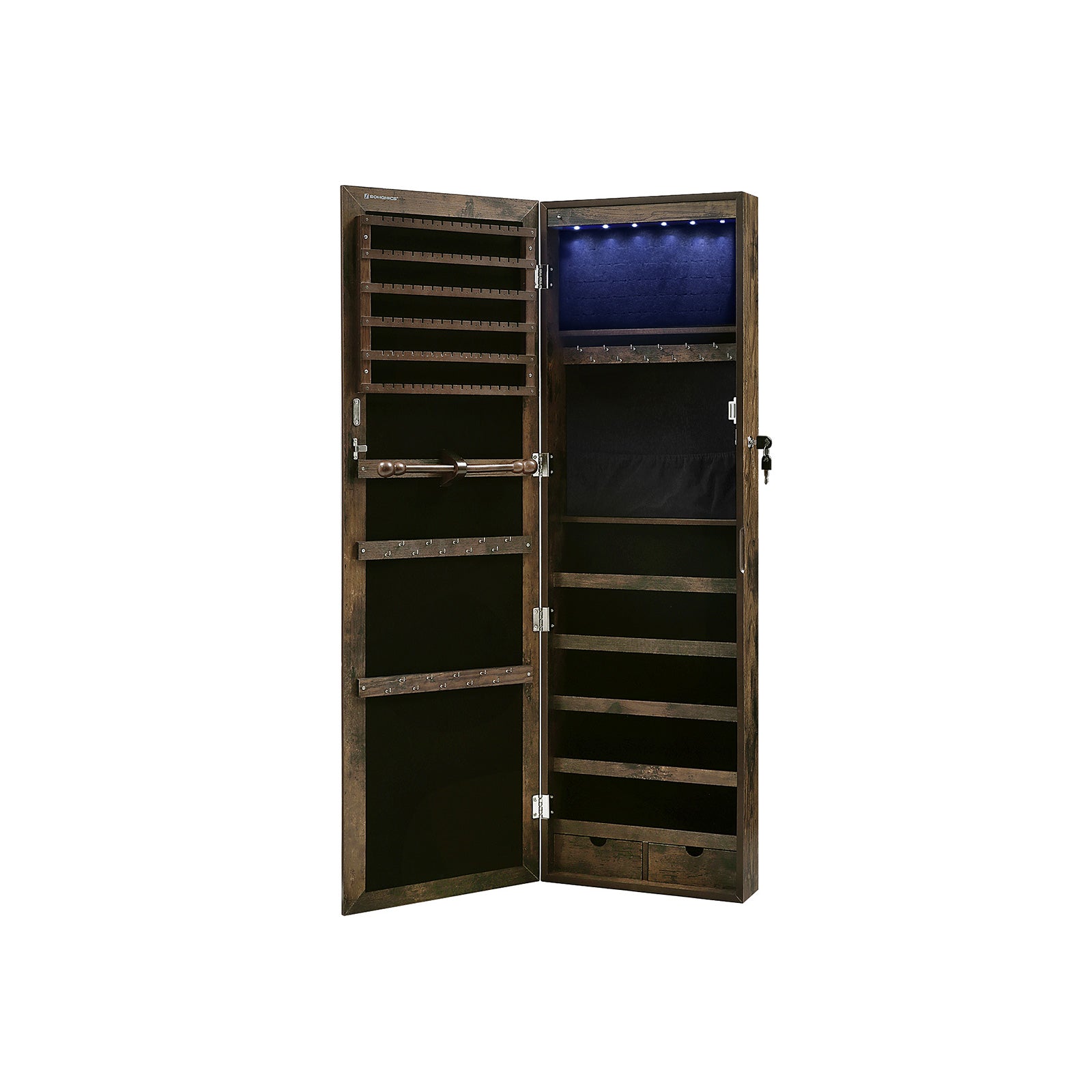 SONGMICS - Schmuckschrank mit spiegel, Wandspiegel groß, Schmuckschrank hängend, rustikales Braun, 7