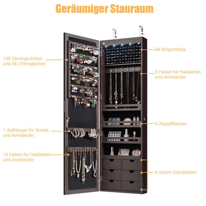 Spiegelschrank, Schmuckaufbewahrung, Schmuckschrank Wand-/Türschmuckschrank mit großem Spiegel, Braun, Costway, 9