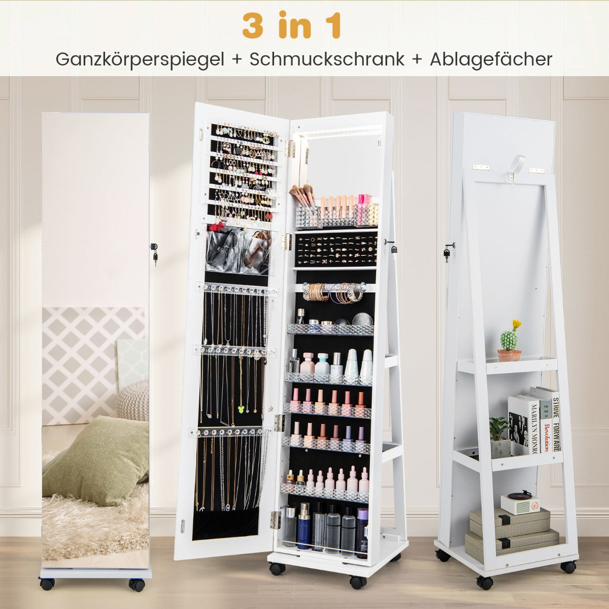 Spiegelschrank, Schmuckaufbewahrung, Abschließbarer Schmuckschrank mit Schminkspiegel verstellbaren Ablagen & Stauraum Weiß, Costway, 3