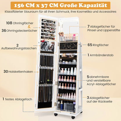 Spiegelschrank, Schmuckaufbewahrung, Abschließbarer Schmuckschrank mit Schminkspiegel verstellbaren Ablagen & Stauraum Weiß, Costway, 4