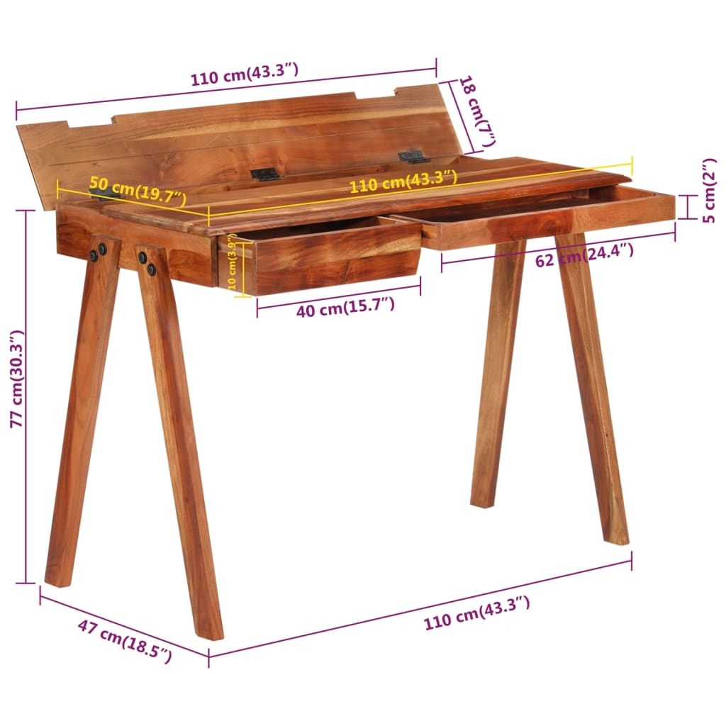 Schreibtisch, Computertisch klein, Schreibtisch mit Schublade, Schreibtisch Holz, 110x50x77 cm, Massivholz Akazie, vidaXL, 5