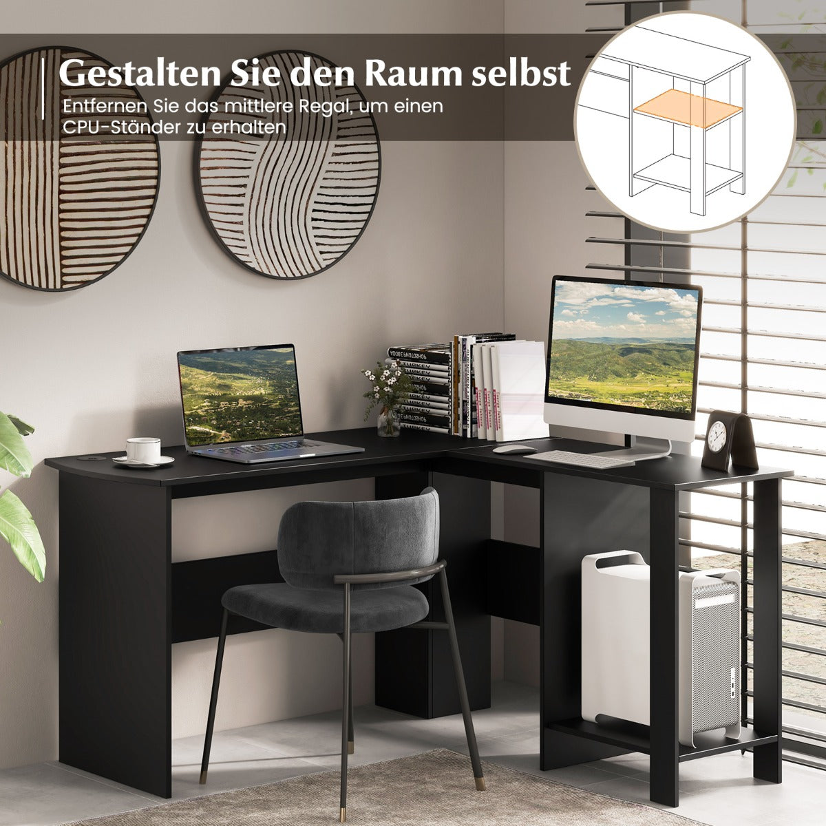 Schreibtisch Ecke, Eckschreibtisch, Schreibtisch L Form, Eckschreibtisch mit Stauraum, Eckschreibtisch schwarz, Costway, 2
