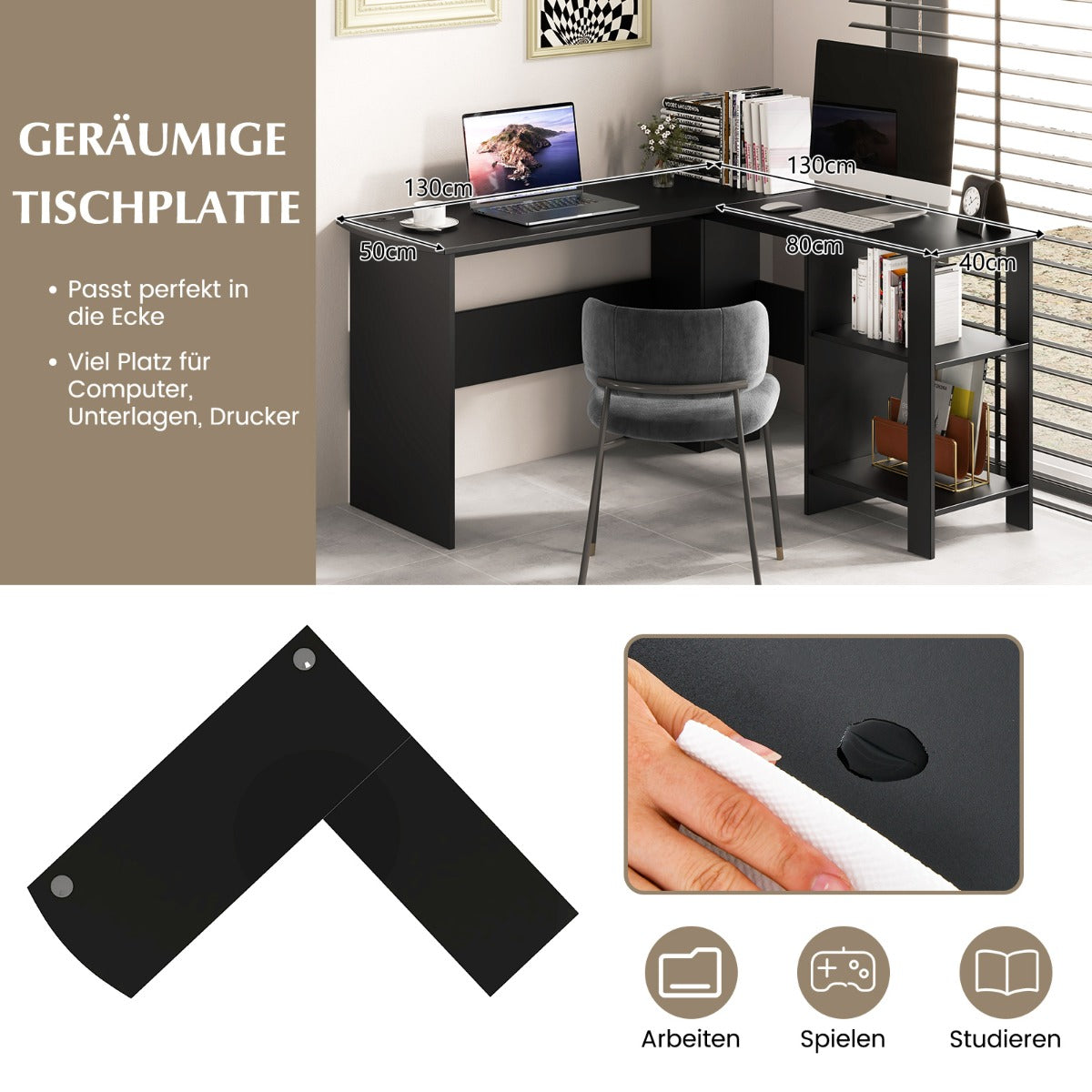 Schreibtisch Ecke, Eckschreibtisch, Schreibtisch L Form, Eckschreibtisch mit Stauraum, Eckschreibtisch schwarz, Costway, 6