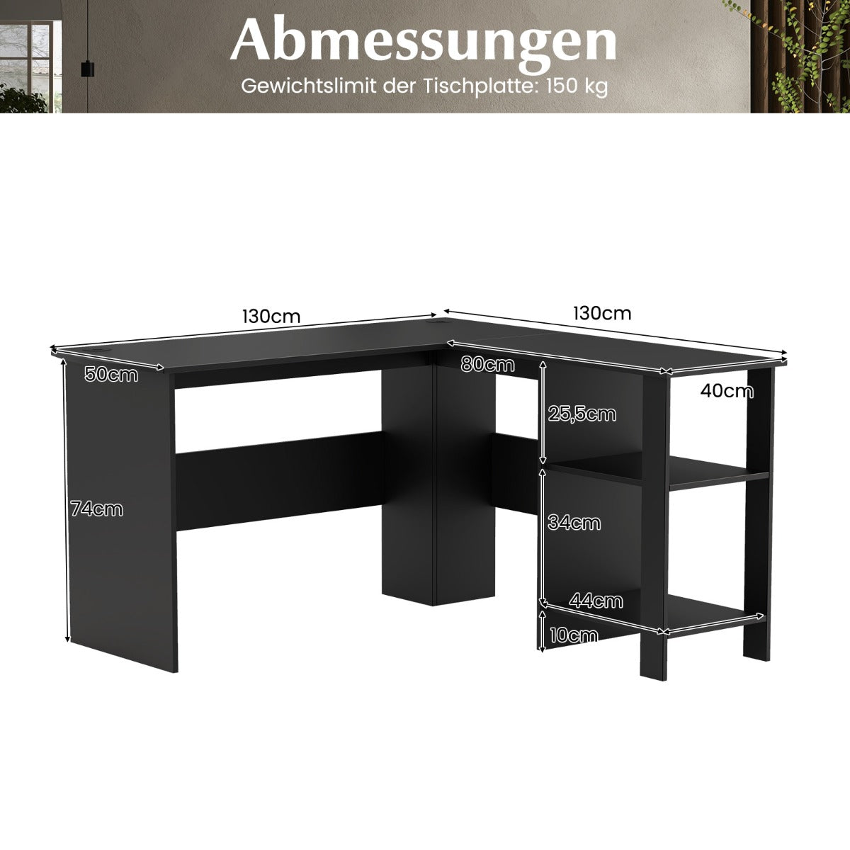 Schreibtisch Ecke, Eckschreibtisch, Schreibtisch L Form, Eckschreibtisch mit Stauraum, Eckschreibtisch schwarz, Costway, 7