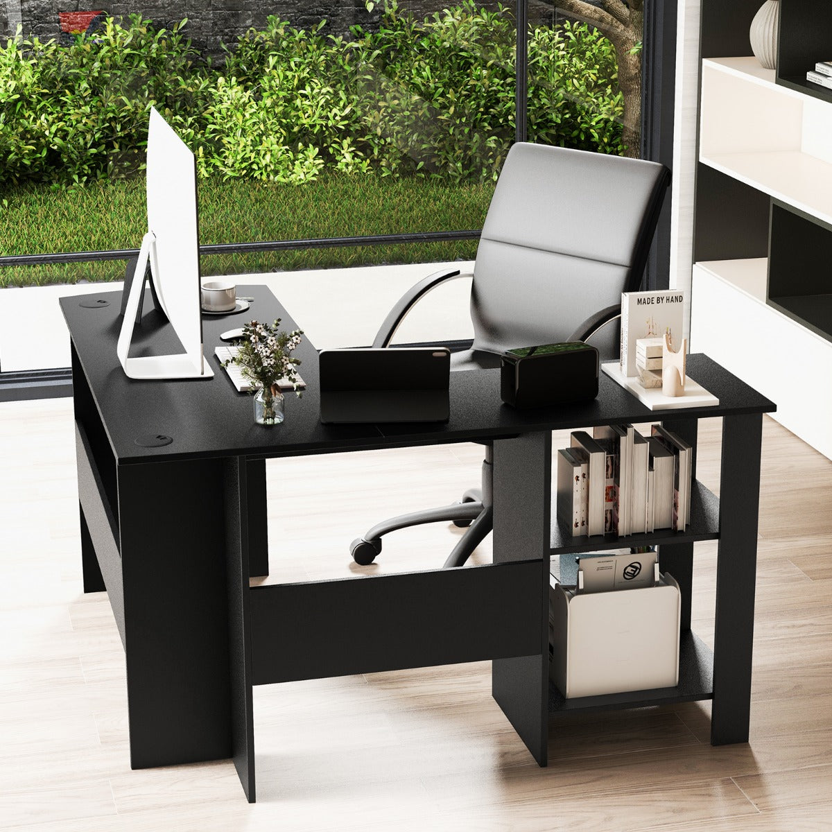Schreibtisch Ecke, Eckschreibtisch, Schreibtisch L Form, Eckschreibtisch mit Stauraum, Eckschreibtisch schwarz, Costway, 8