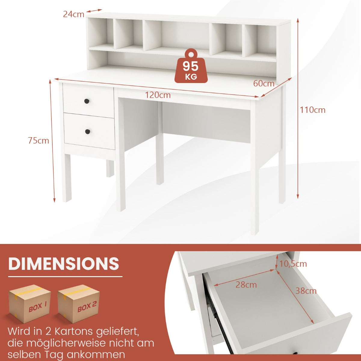 Schreibtisch, Höhenverstellbarer Schreibtisch, Schreibtisch mit Schubladen, Schreibtisch klein, 3