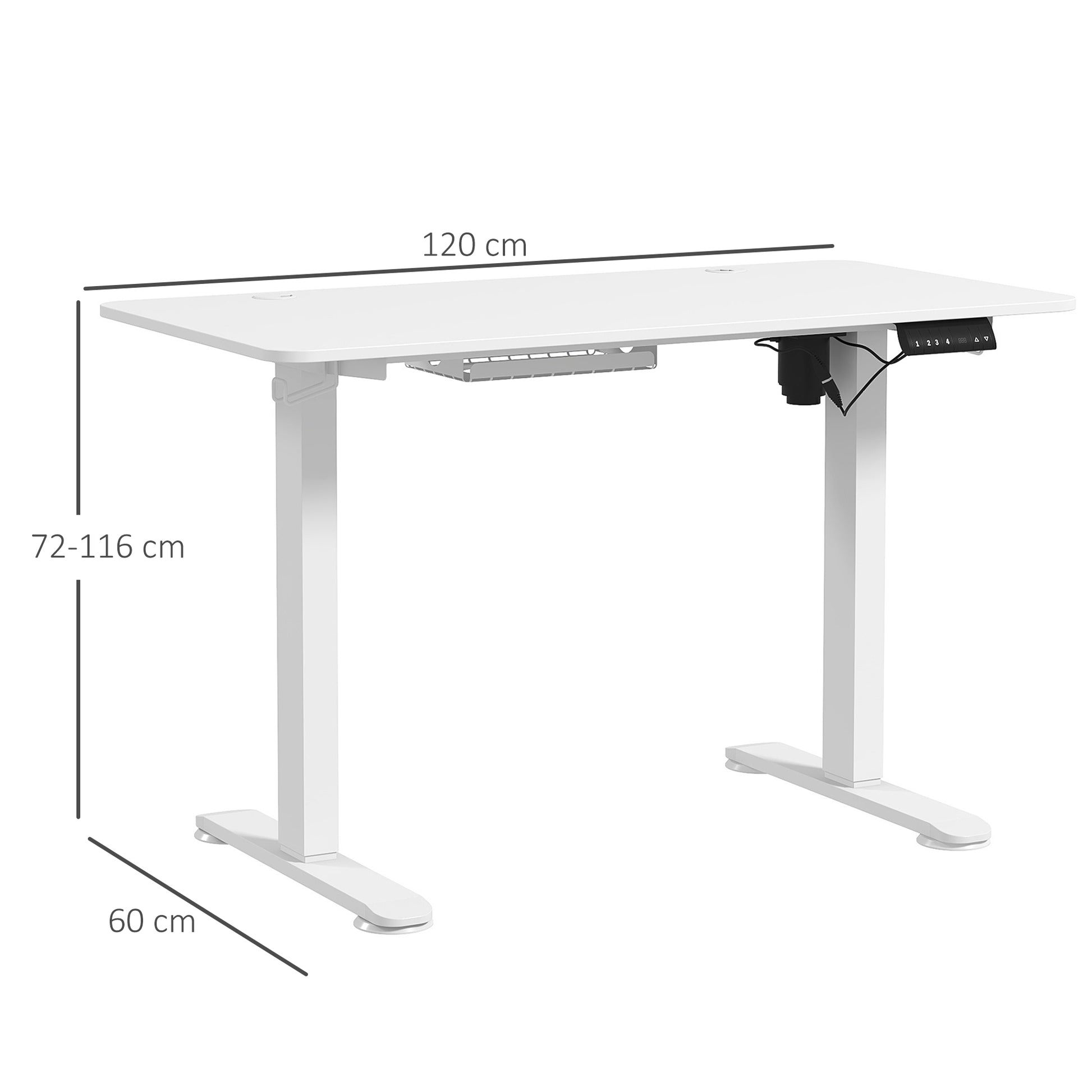 Schreibtisch, Höhenverstellbarer Schreibtisch, elektrisch, 120x60x72-116 cm, mit 3 Voreinstellungen, Spanplatte, Weiß, 8