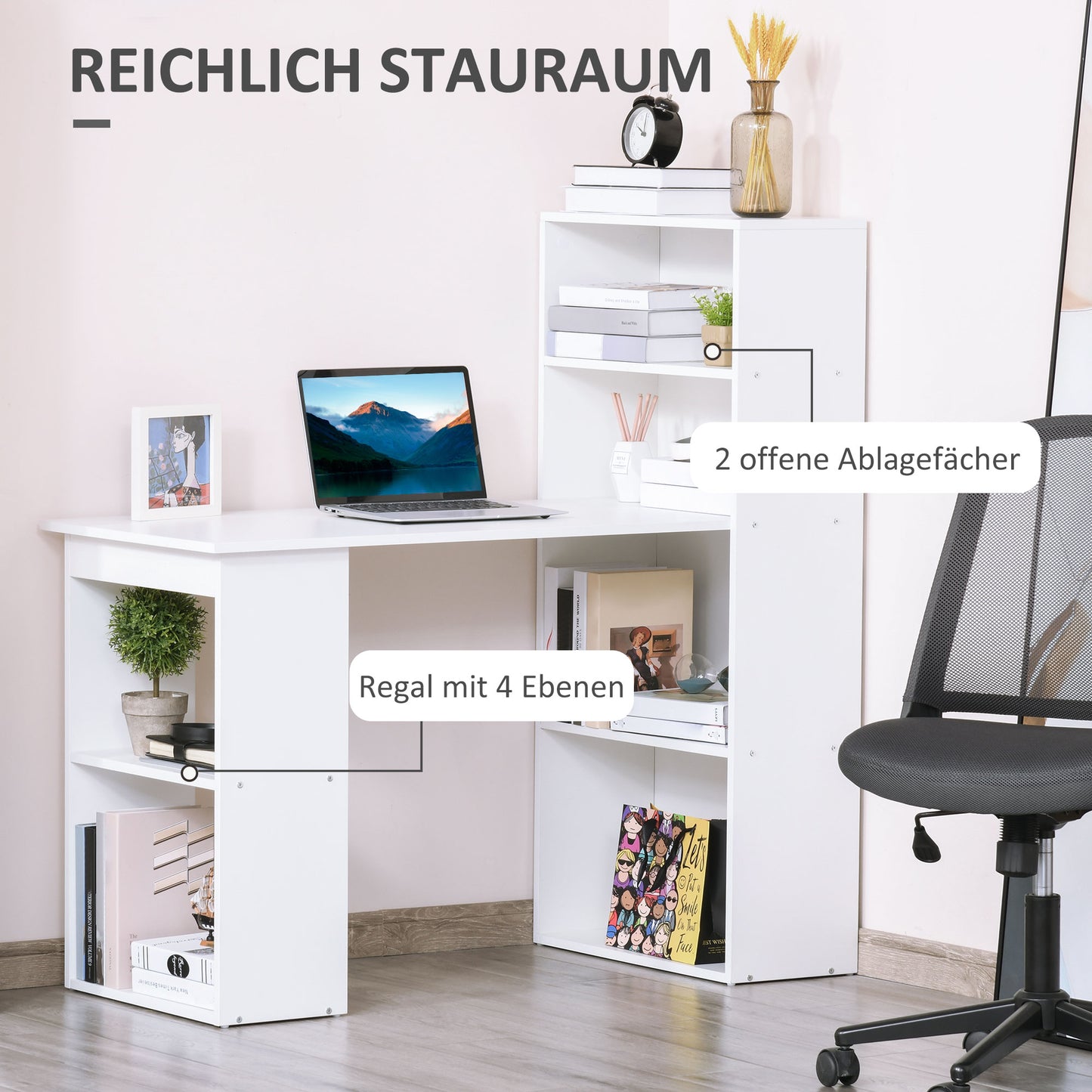 Schreibtisch Küchentisch mit Regal, Computertisch, Arbeitstisch, Laptoptisch, Büroregal, Weiß, 120x55x120cm, HOMCOM, 2