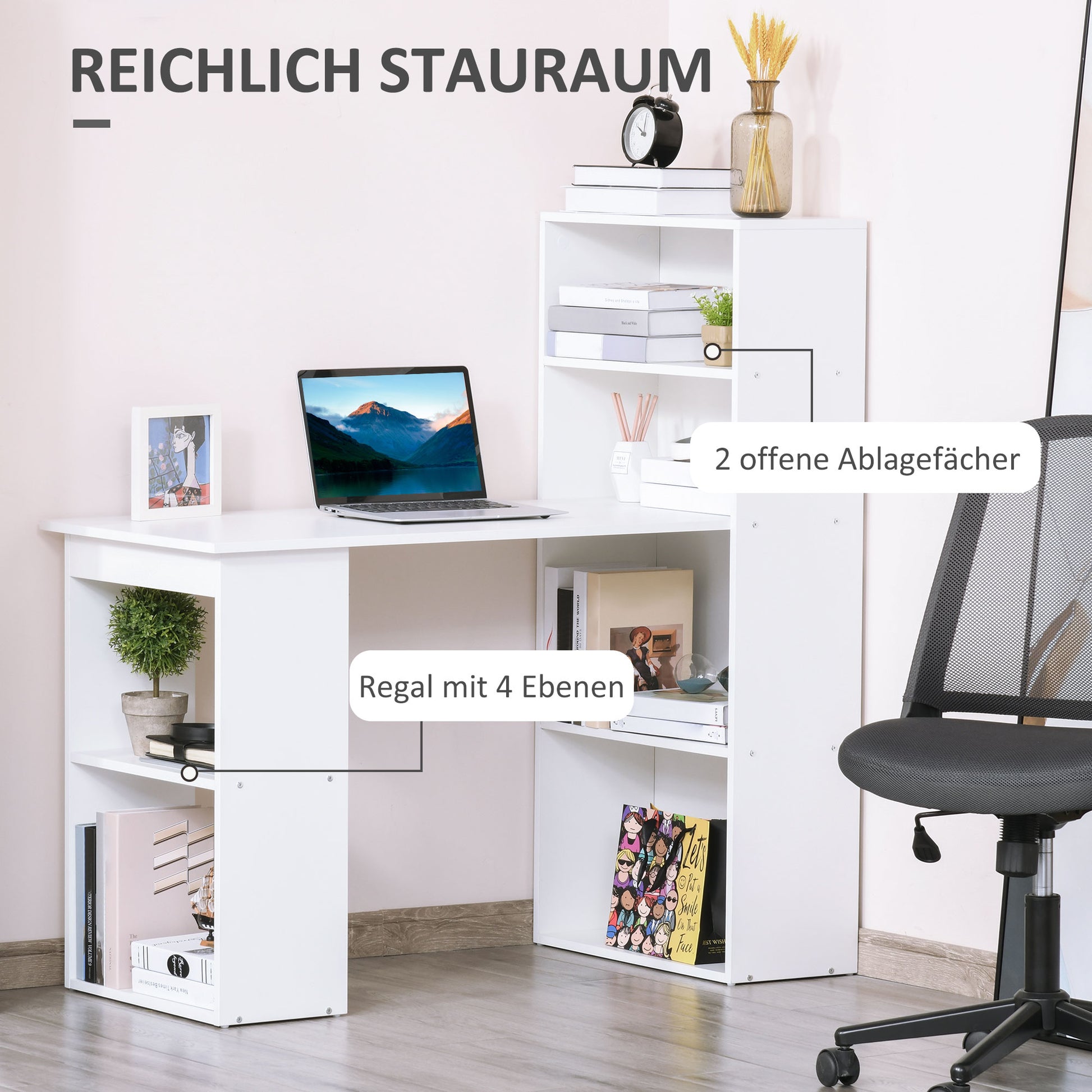 Schreibtisch Küchentisch mit Regal, Computertisch, Arbeitstisch, Laptoptisch, Büroregal, Weiß, 120x55x120cm, HOMCOM, 2