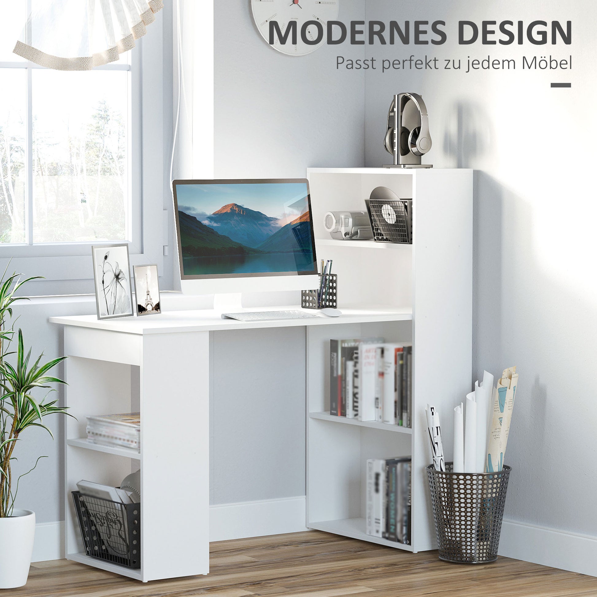 Schreibtisch Küchentisch mit Regal, Computertisch, Arbeitstisch, Laptoptisch, Büroregal, Weiß, 120x55x120cm, HOMCOM, 3