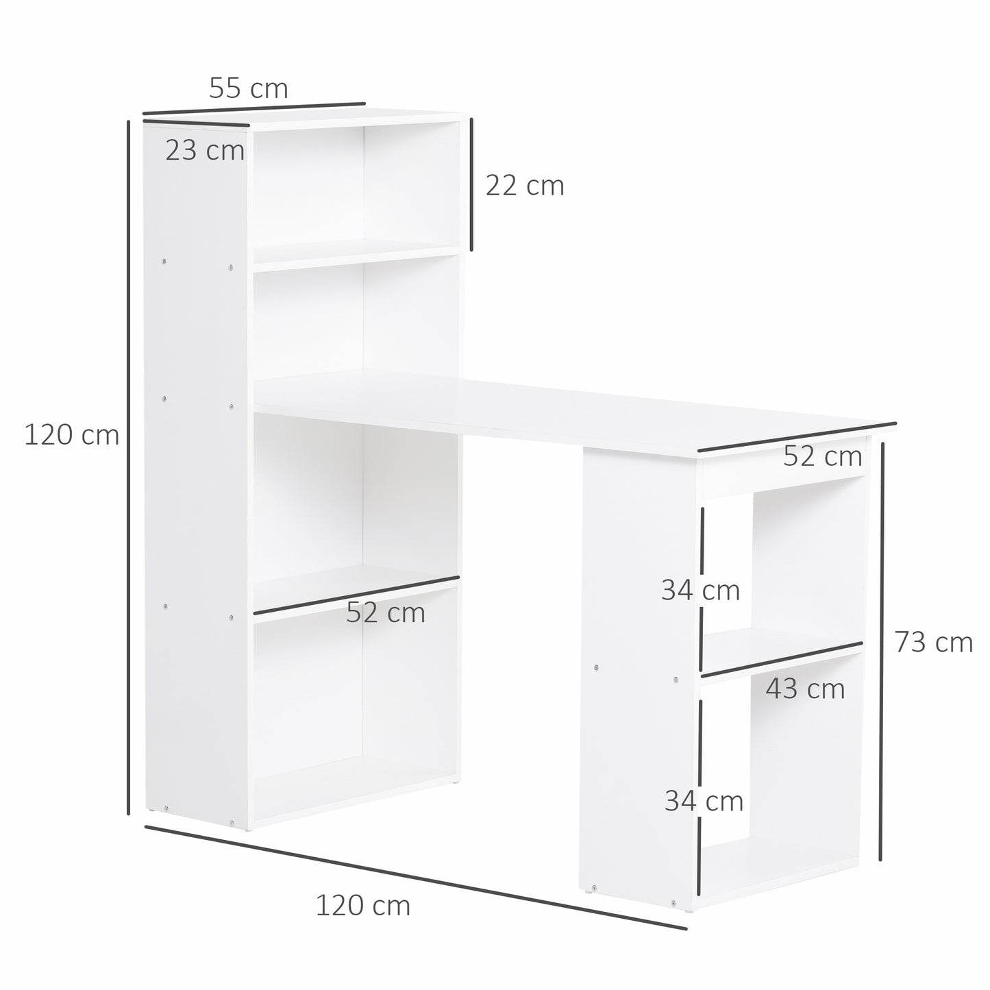 Schreibtisch Küchentisch mit Regal, Computertisch, Arbeitstisch, Laptoptisch, Büroregal, Weiß, 120x55x120cm, HOMCOM, 7