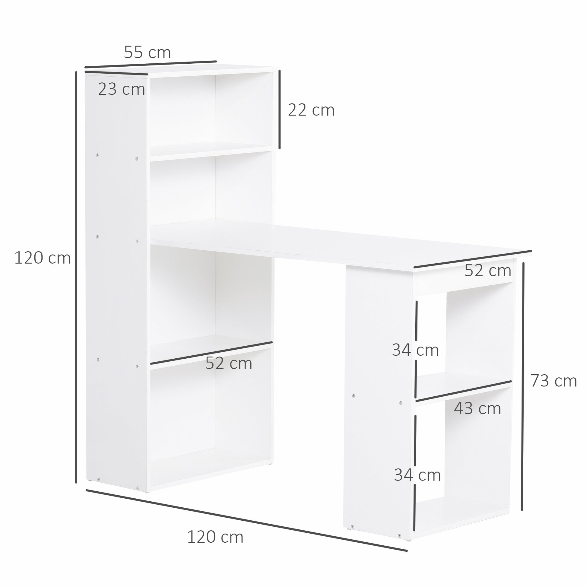 Schreibtisch Küchentisch mit Regal, Computertisch, Arbeitstisch, Laptoptisch, Büroregal, Weiß, 120x55x120cm, HOMCOM, 7