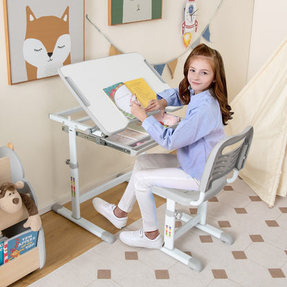 Schreibtisch Kinder, Höhenverstellbar Kinderschreibtisch Set, mit Neigbarer Tischplatte, Tisch, Stuhl, Costway, 1