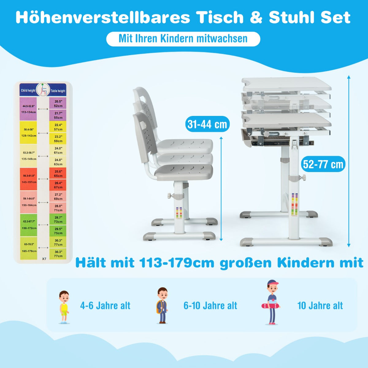Schreibtisch Kinder, Höhenverstellbar Kinderschreibtisch Set, mit Neigbarer Tischplatte, Tisch, Stuhl, Costway, 3